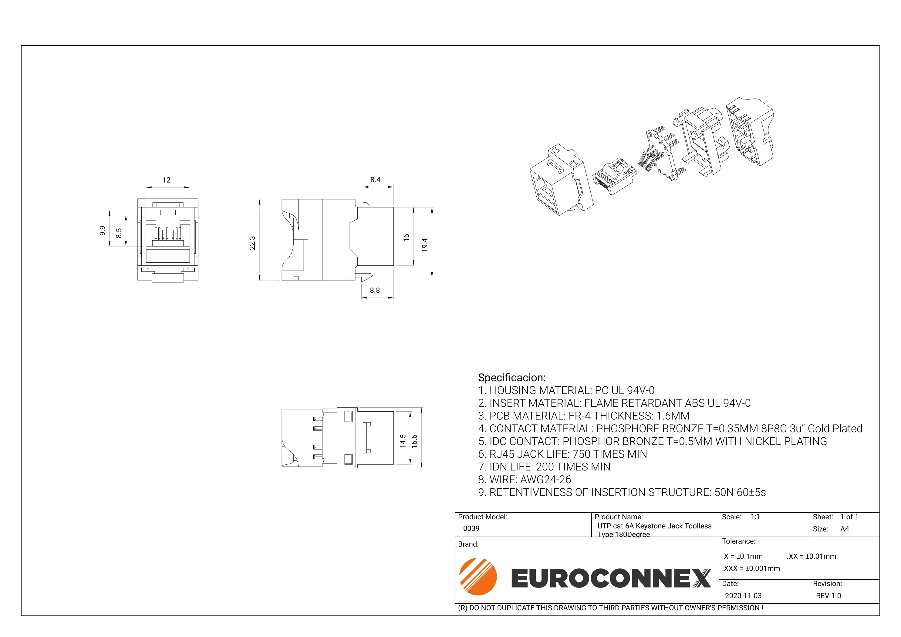 RJ45 UTP Keystone Cat.6A sin herramientas — imagen 2