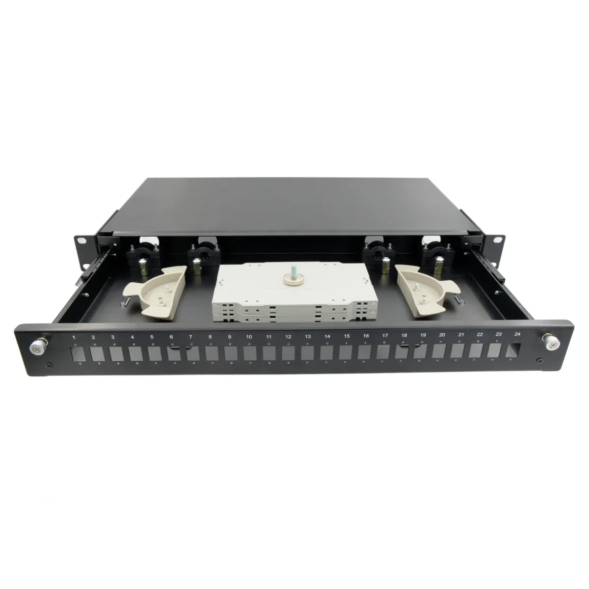 19" Patch panel de fibra óptica, 24 puertos para SC simplex con frontal intercambiable — imagen 2