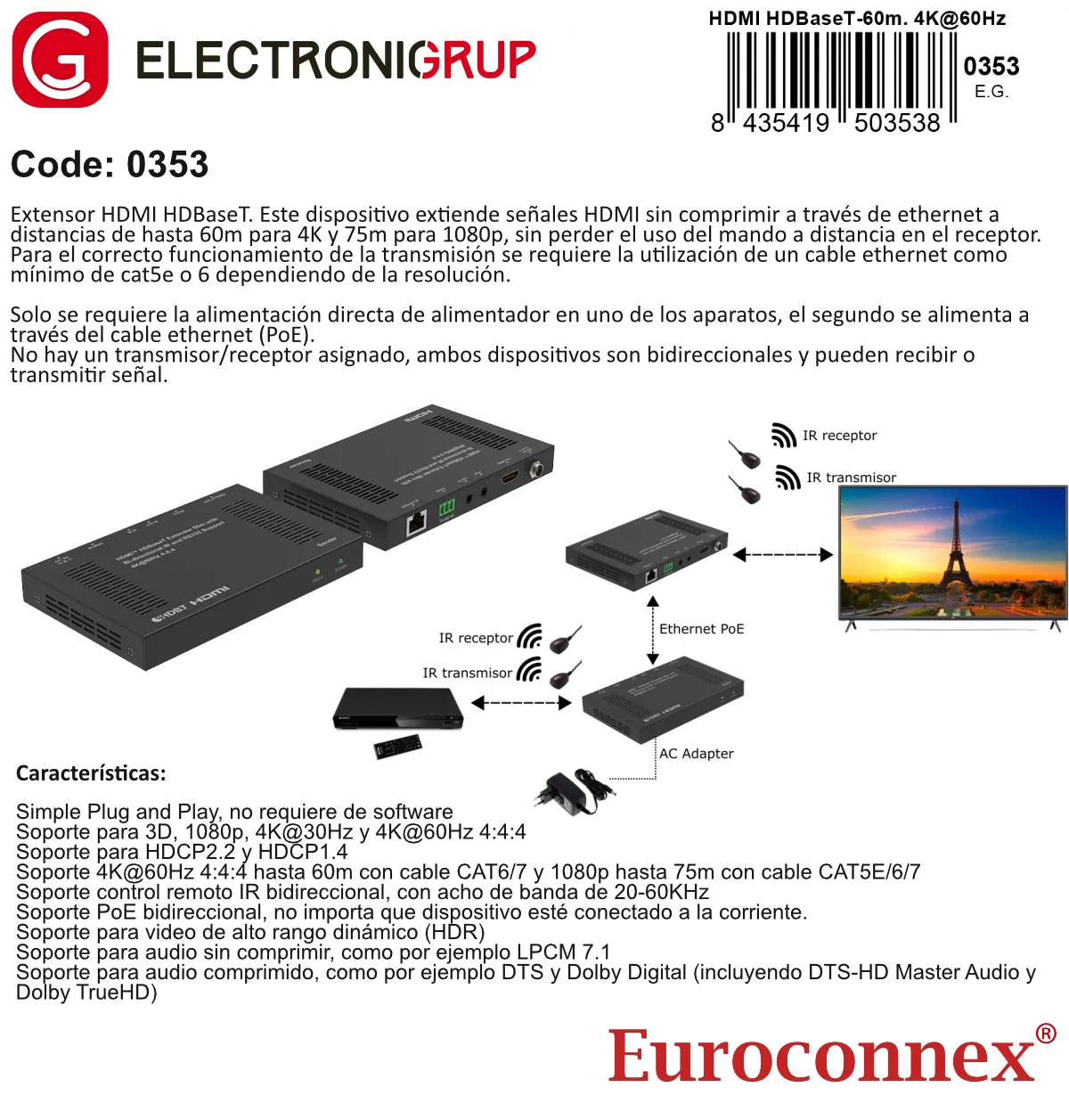 Extensor HDMI HDBaseT 60m con IR bidireccional y RS232 a 4K@60Hz 4:4:4 — imagen 2
