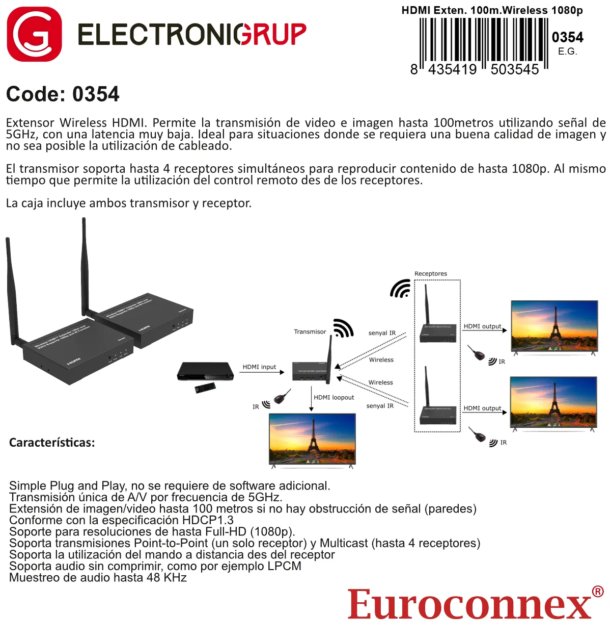 Extensor/Splitter Wireless HDMI 100 metros, 1080p Full-HD — imagen 2