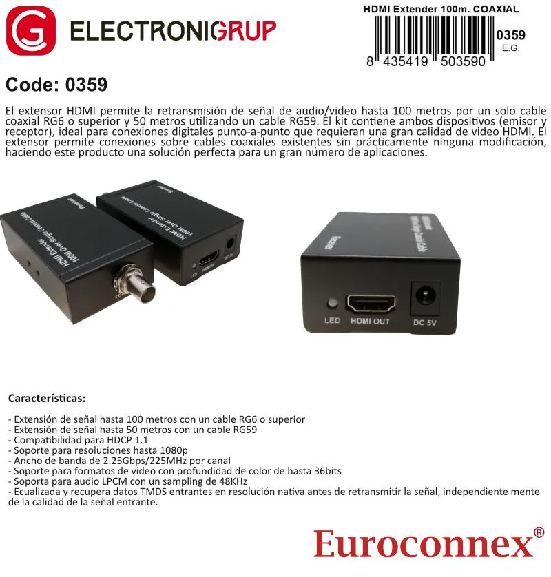Extensor HDMI por Coaxial 100m 1080p Full-HD — imagen 2
