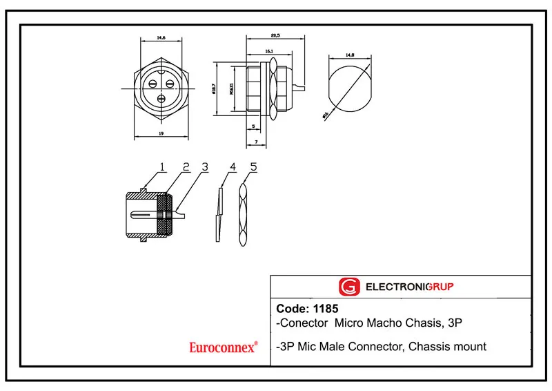Conector chasis GX16 macho 3 pines — imagen 2