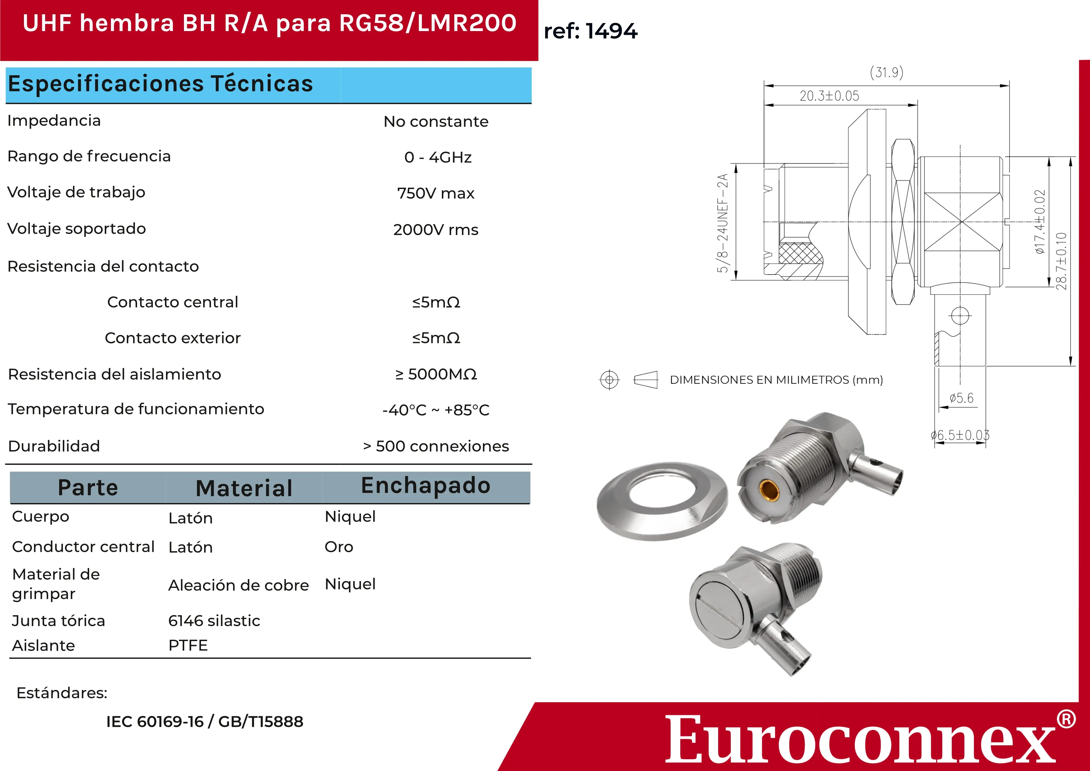 RG-58, 90º UHF Hembra Roscar — imagen 2