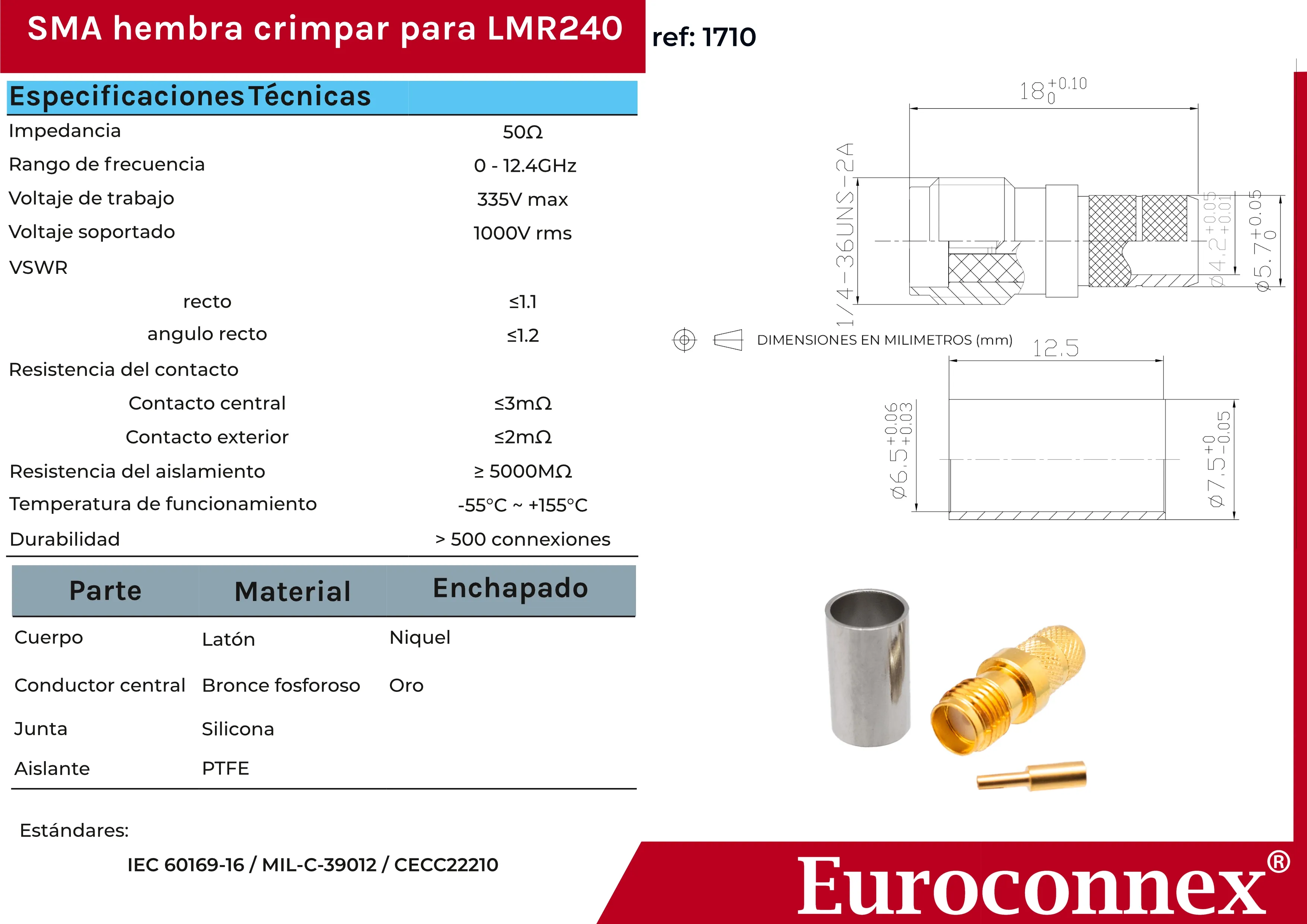 LMR240, SMA Hembra Crimpar, Dorado — imagen 2