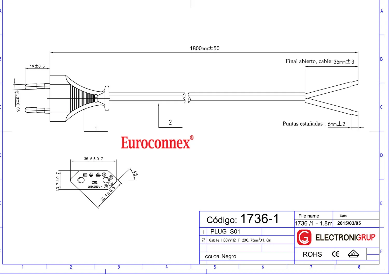 Cable alimentación RED  2*0,75mm , 1,8mts. — imagen 2
