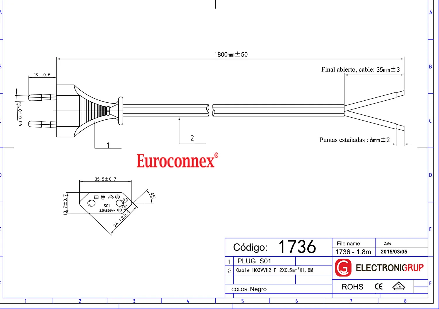 CABLE ALIMENTACION, 2x0.5mm,  1.5m — imagen 2
