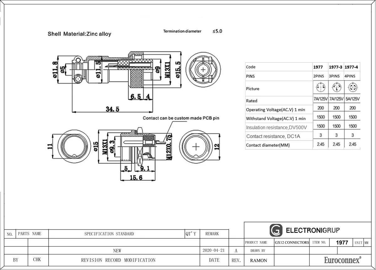 GX12-4 Conector M12 Macho chasis + Hembra — imagen 2
