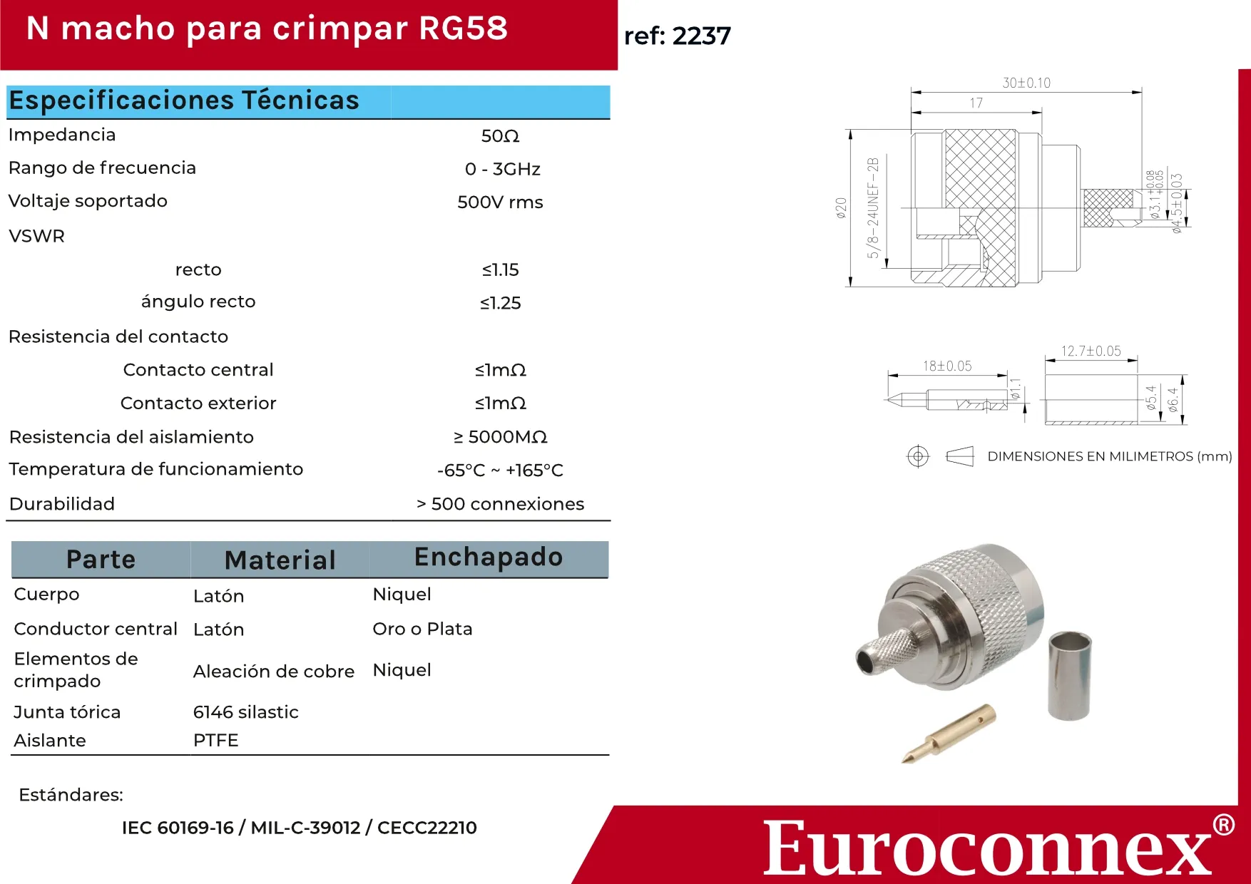 RG-58, N Macho, Pin Soldar, Cable Crimpar, PTFE — imagen 2