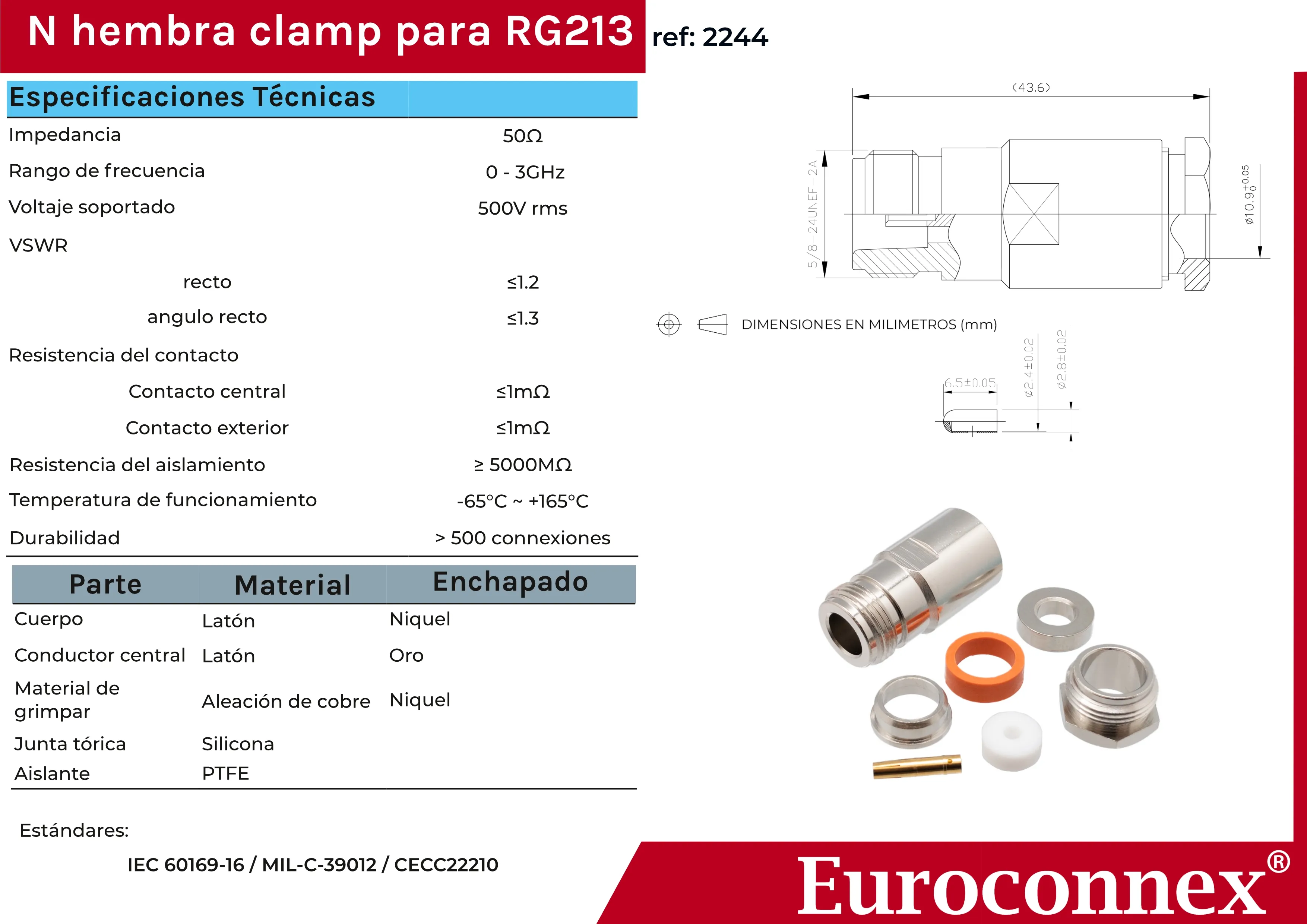 RG-213, N Hembra Soldar, PTFE — imagen 2