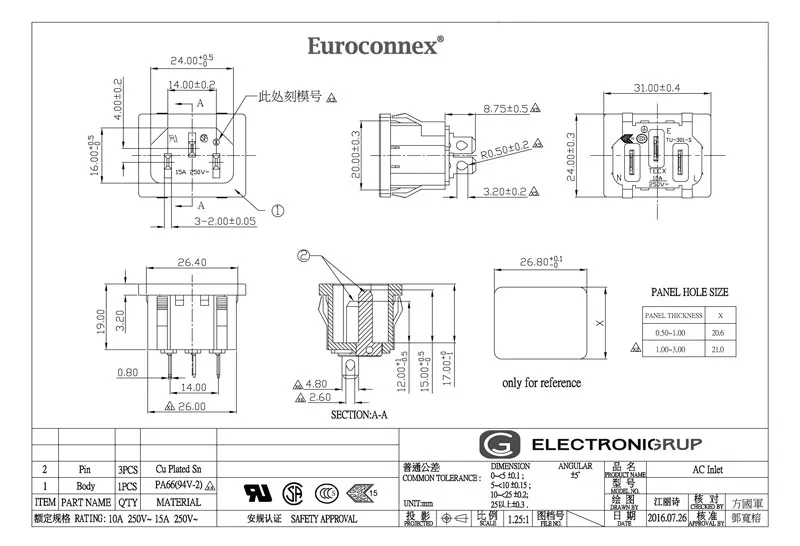 BASE CHASIS C14 MACHO, 250V/10A — imagen 2
