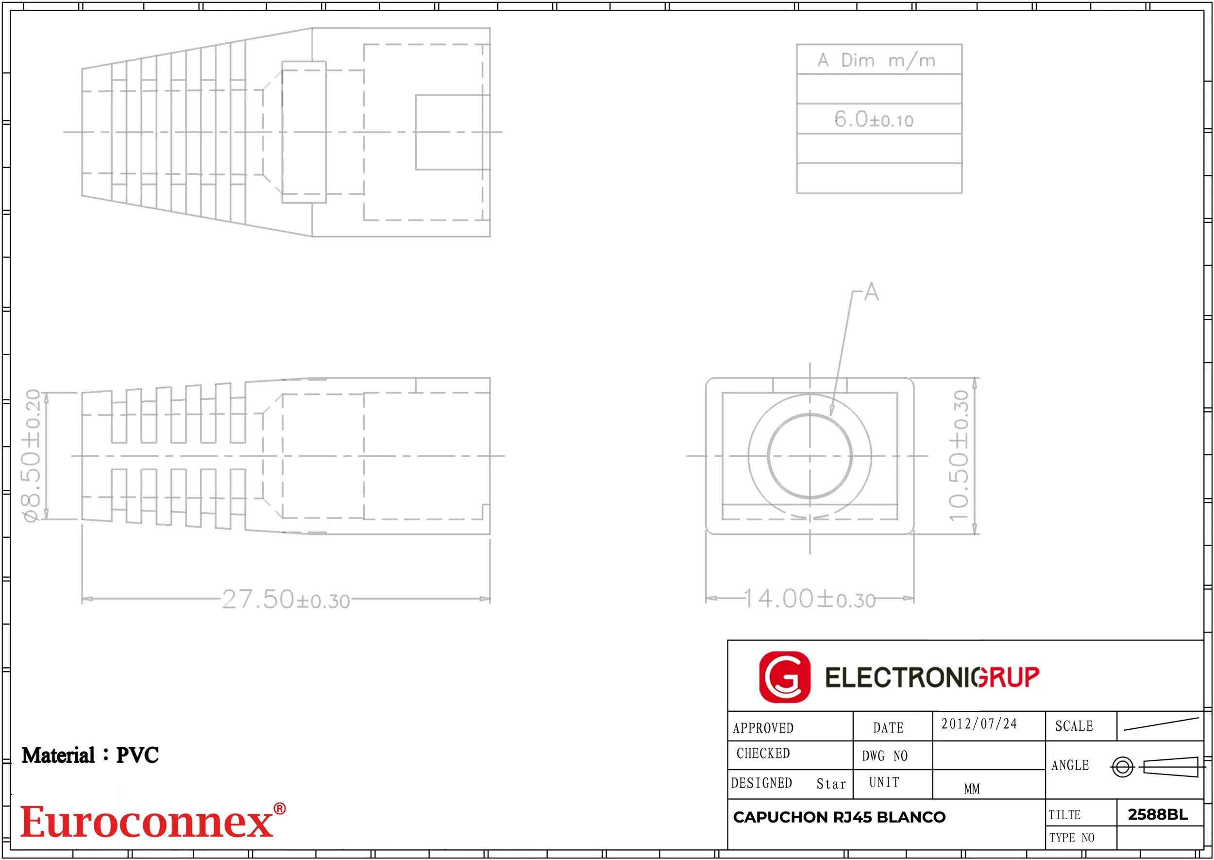 Capuchón protector para conector RJ45 para cable de Ø6mm, Blanco — imagen 2