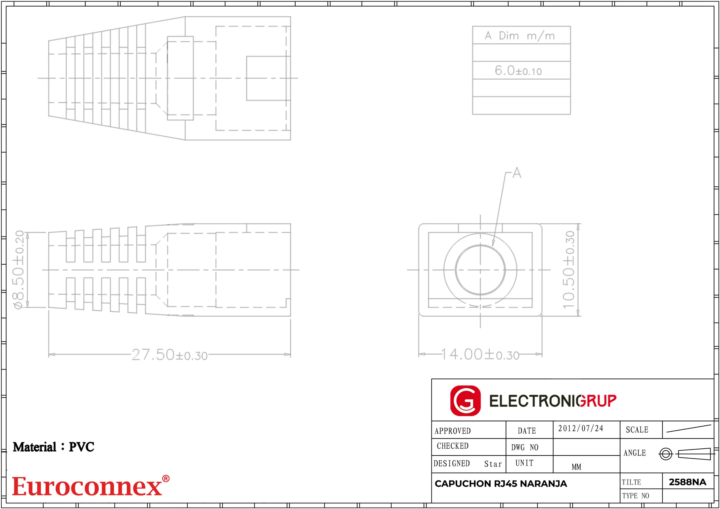 Capuchón protector para conector RJ45 para cable de Ø6mm, Naranja — imagen 2