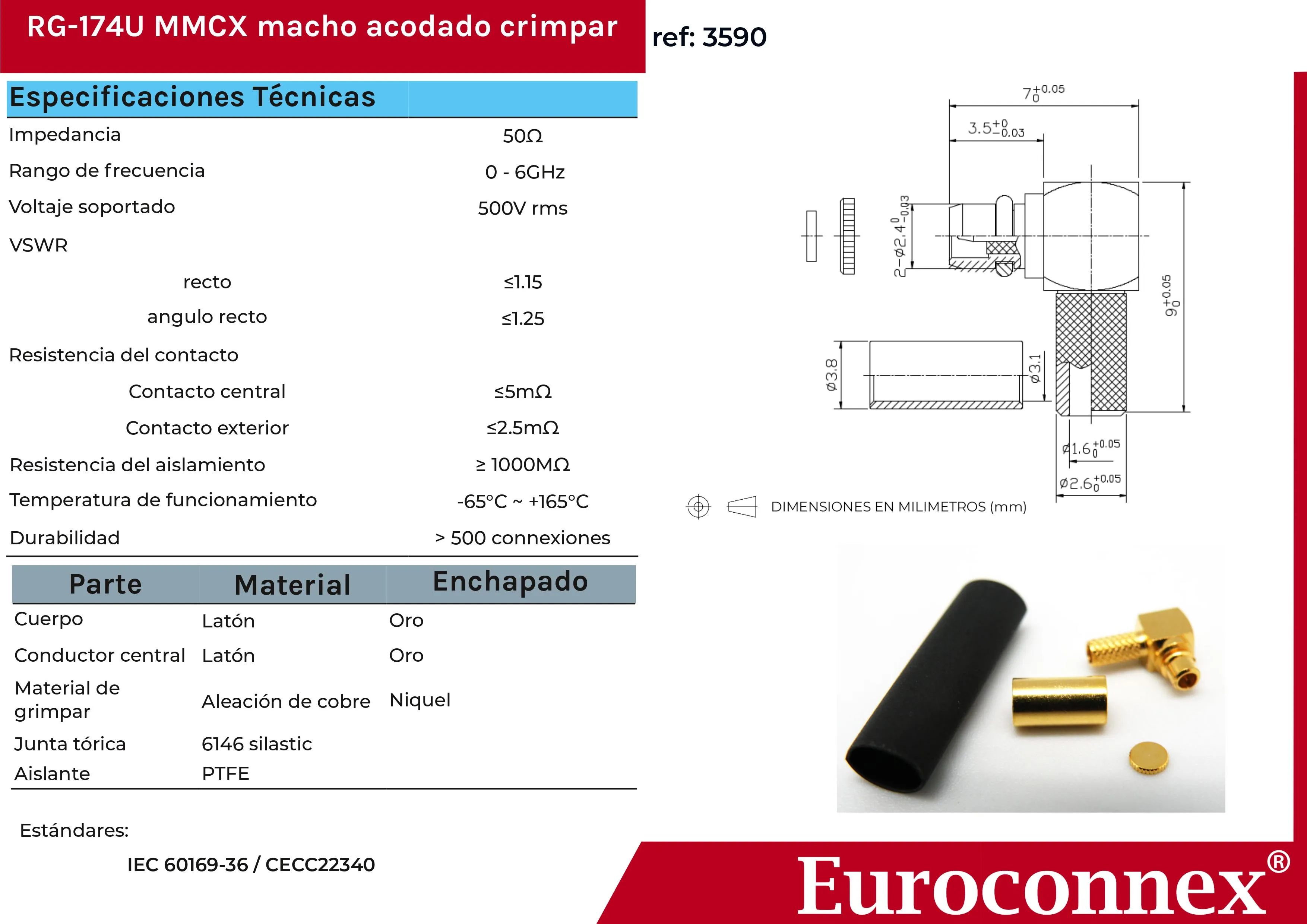 RG-174U, MMCX MACHO ACODADO, CRIMPAR, DORADO — imagen 2