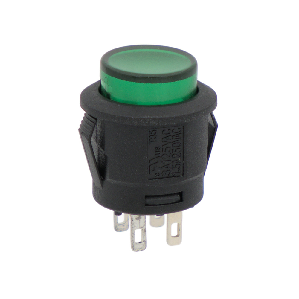 INTERRUPTOR LUMINOSO ON-OFF, 4P. 12V, Ø15mm, COLOR VERDE