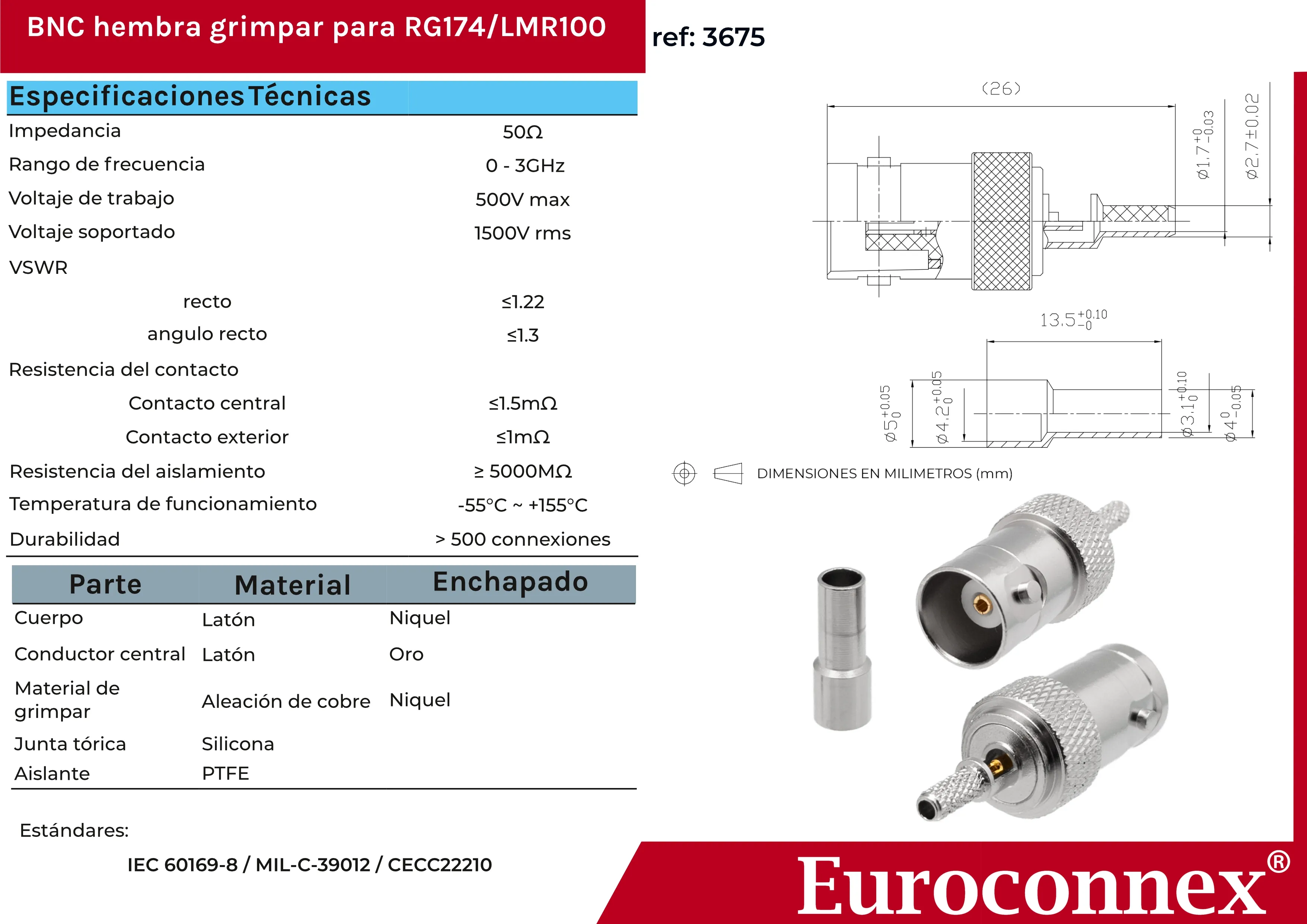 RG-174/LMR100, BNC Hembra crimpar — imagen 2