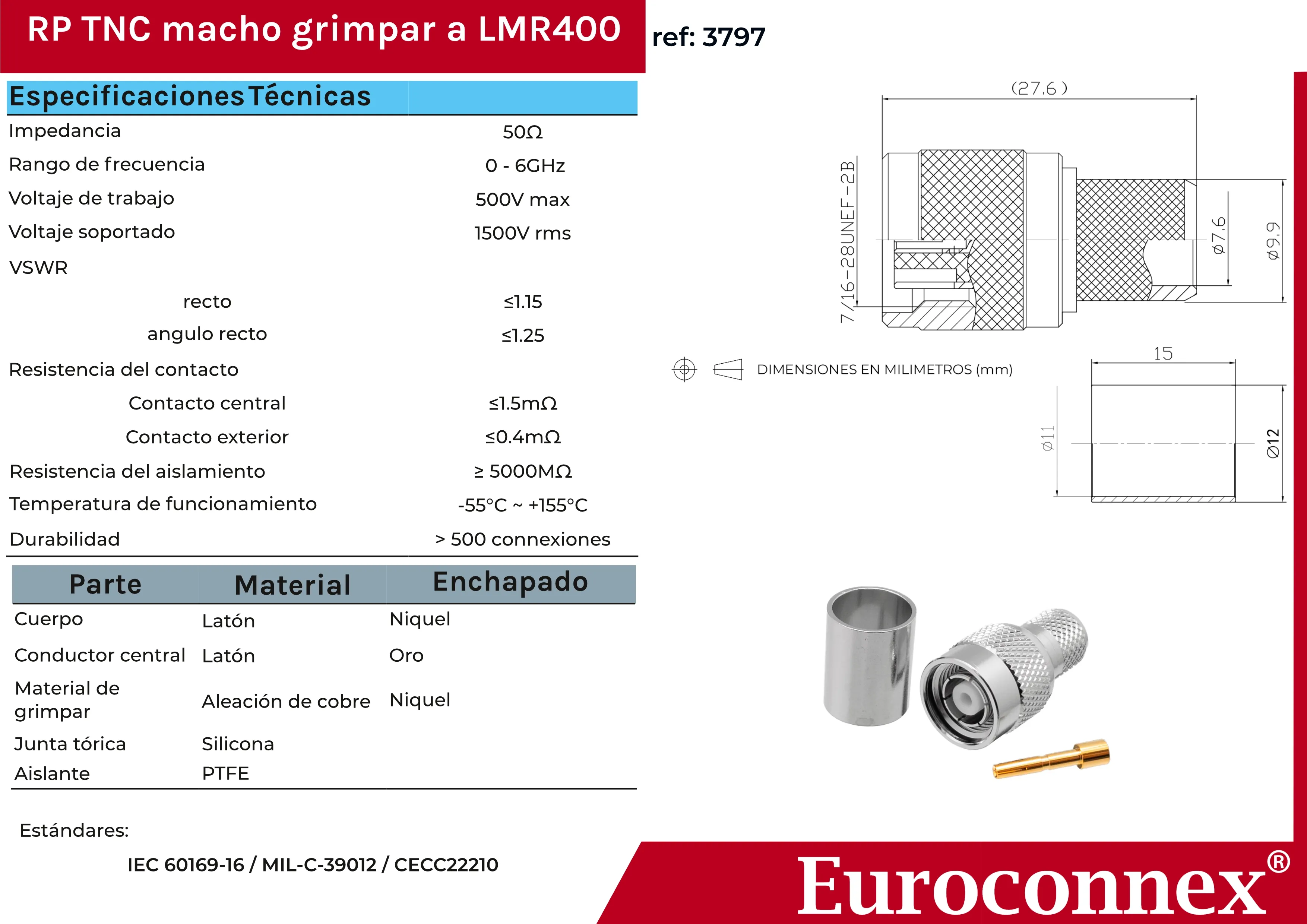 R/P LMR400/RG213, TNC Macho Crimpar, PTFE — imagen 2