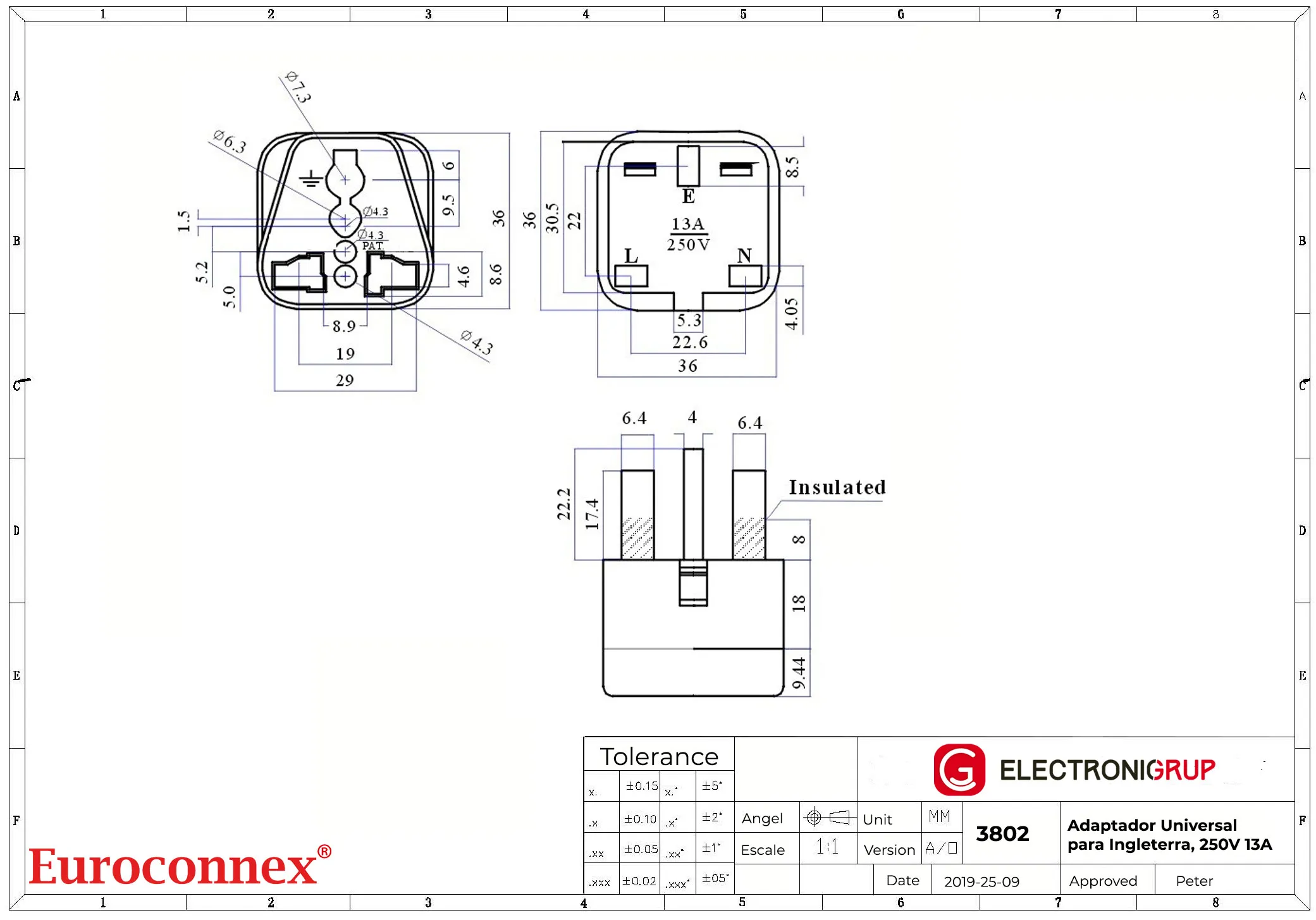 Adaptador Universal para INGLATERRA, 250V 13A, Económico — imagen 2