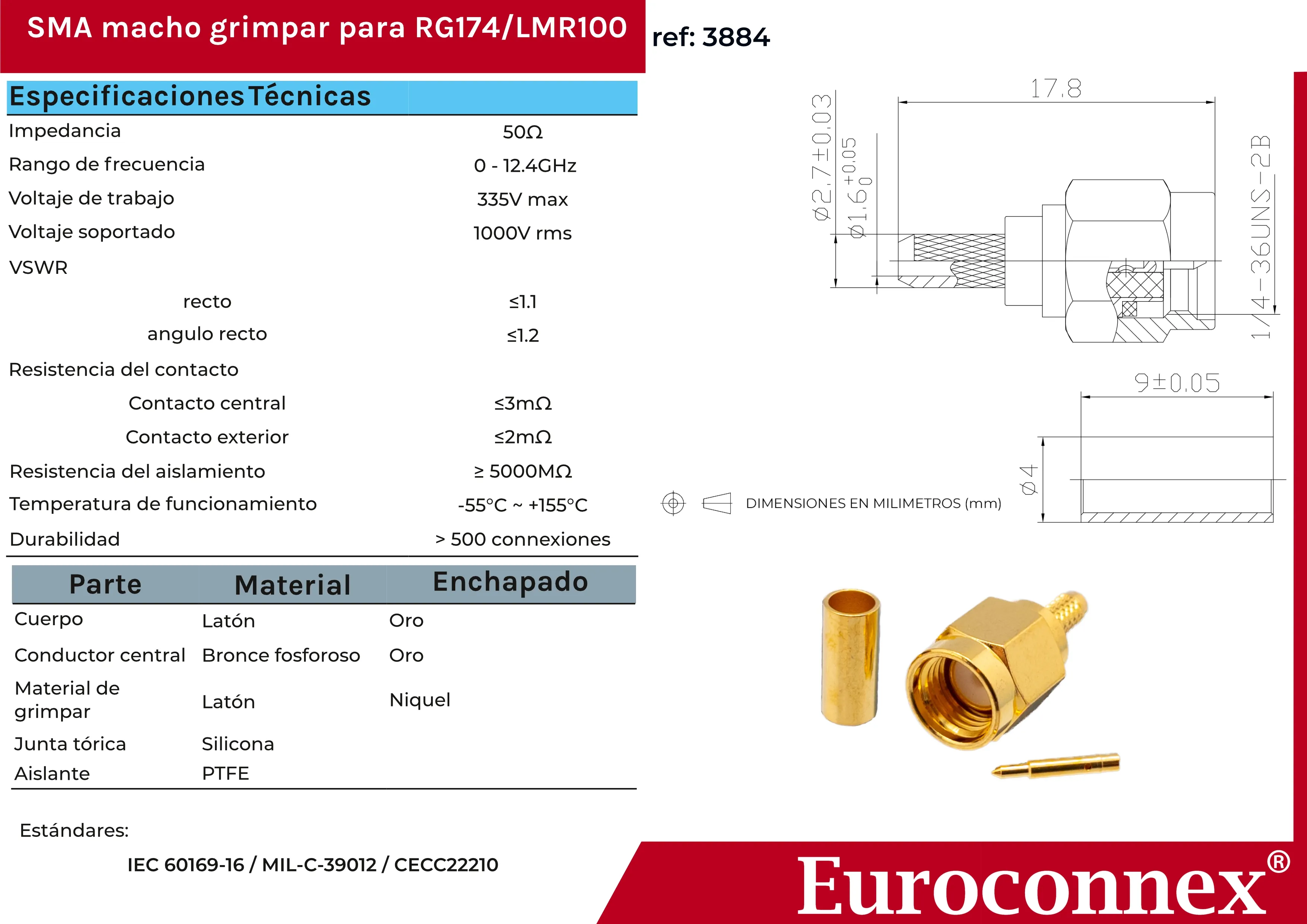 RG174, SMA Macho Crimpar, Dorado — imagen 2