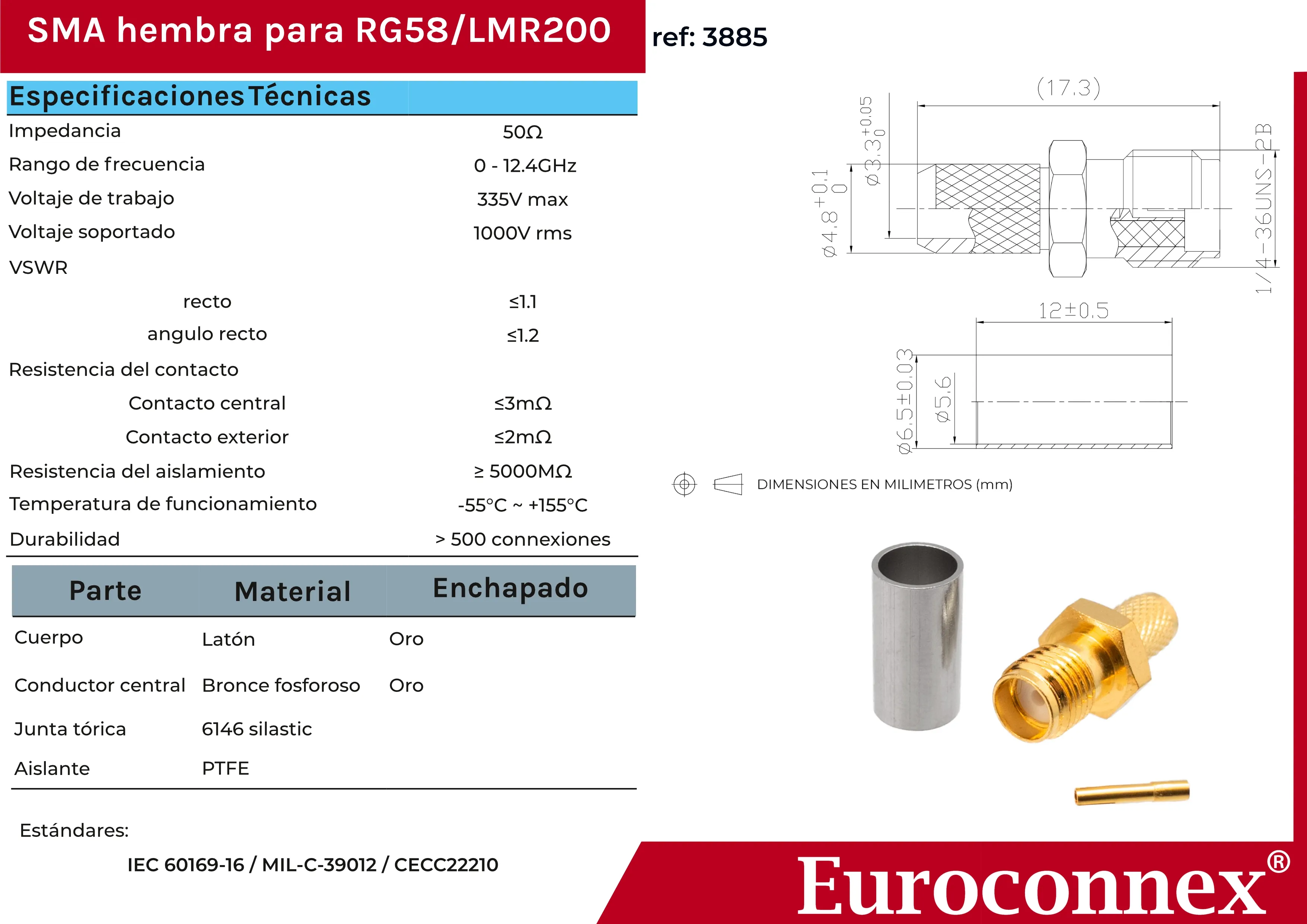 RG58 / LMR200, SMA Hembra Crimpar, Dorado — imagen 2