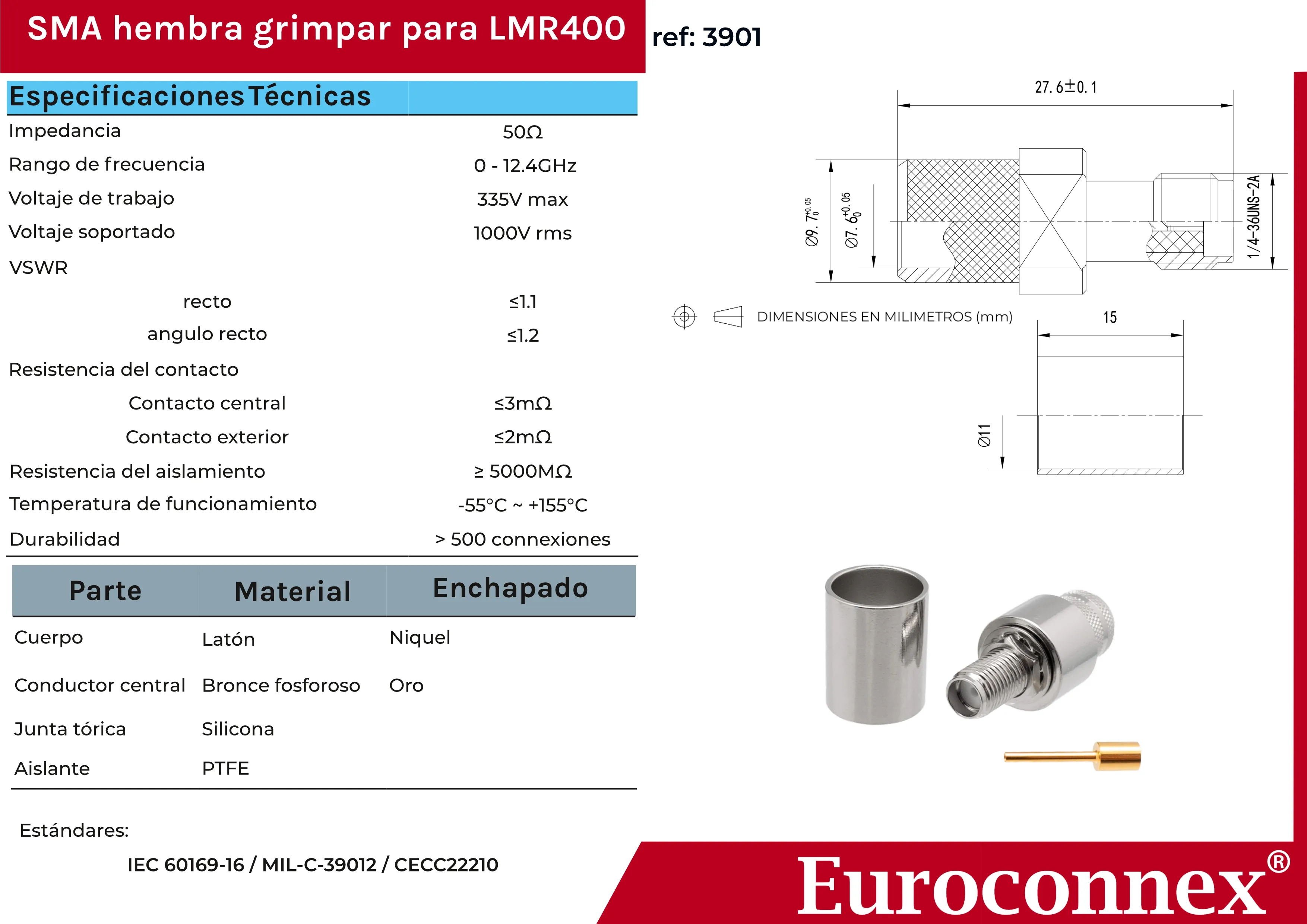LMR400 SMA Hembra Crimpar, Dorado — imagen 2