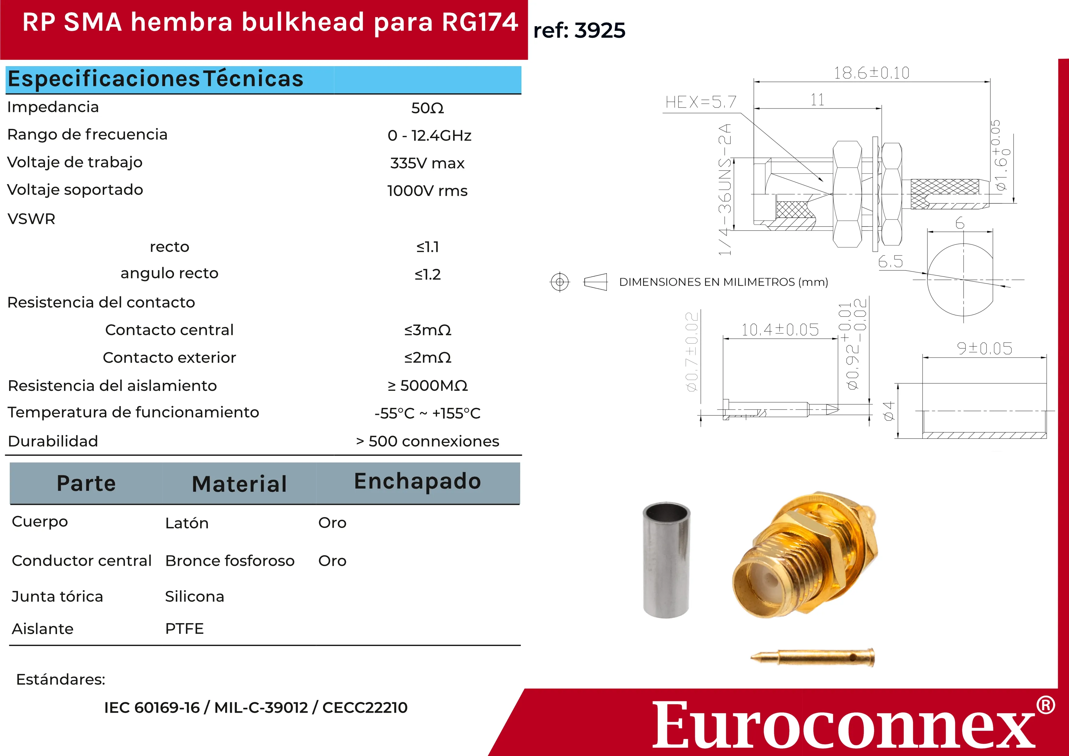 RG174 / LMR100, R/P SMA Hembra Crimpar, PTFE — imagen 2
