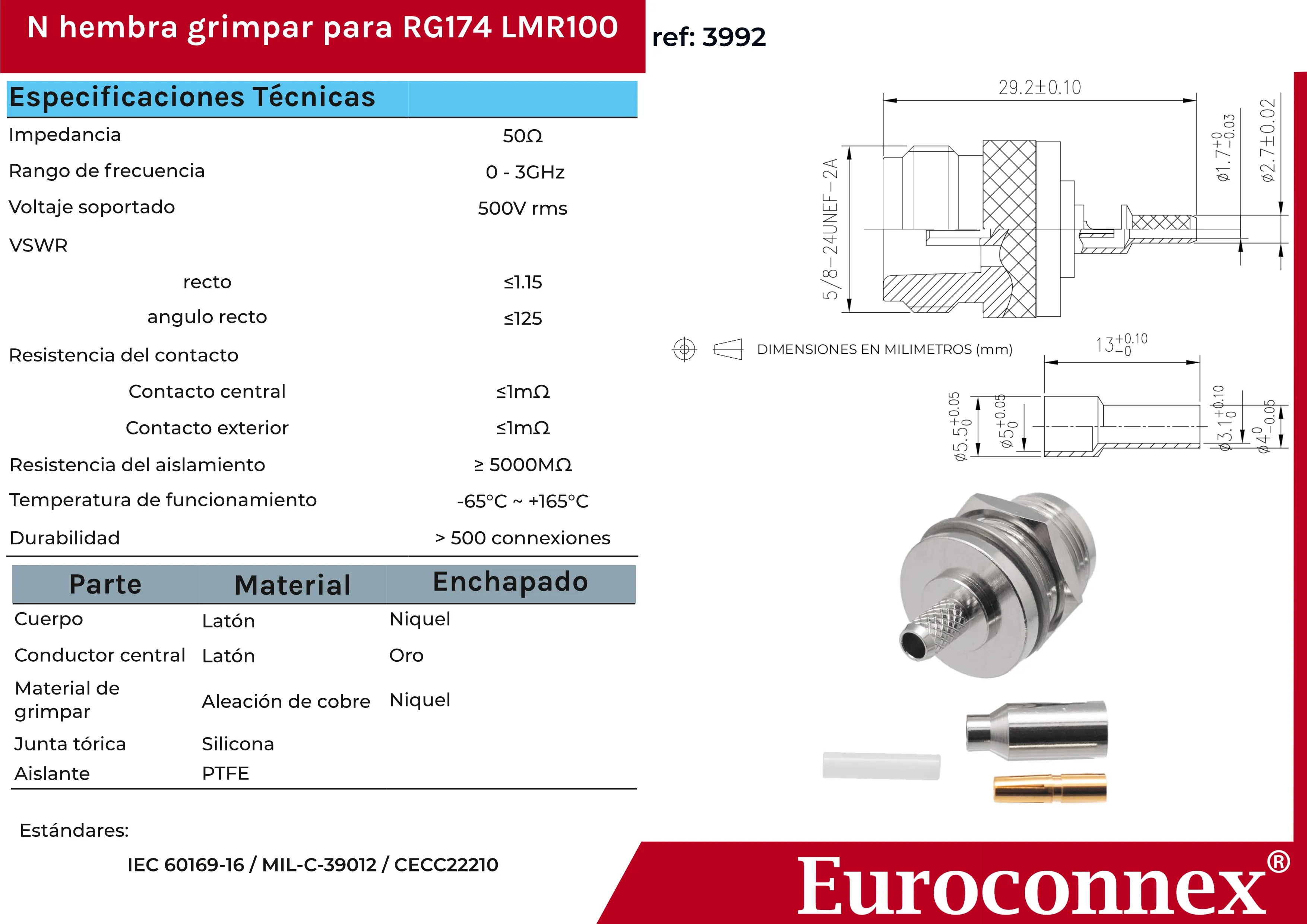 RG-174, N Hembra Crimpar, PTFE — imagen 2