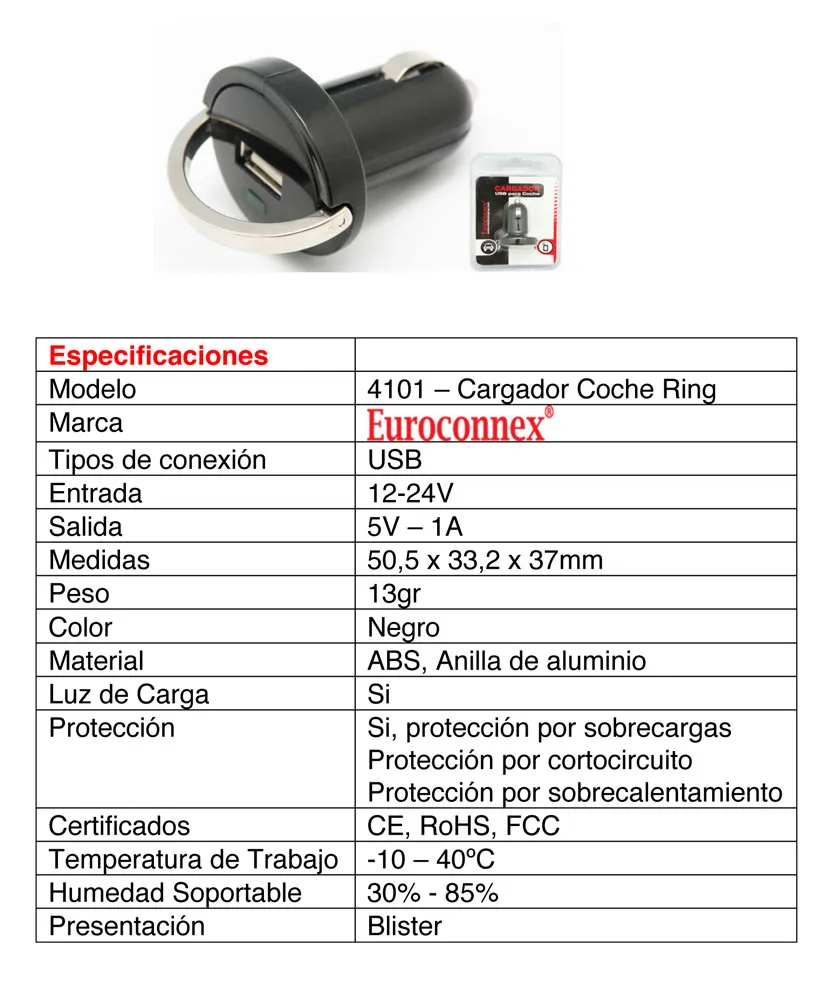 Cargador de coche USB, 5V 1A, con anilla — imagen 2