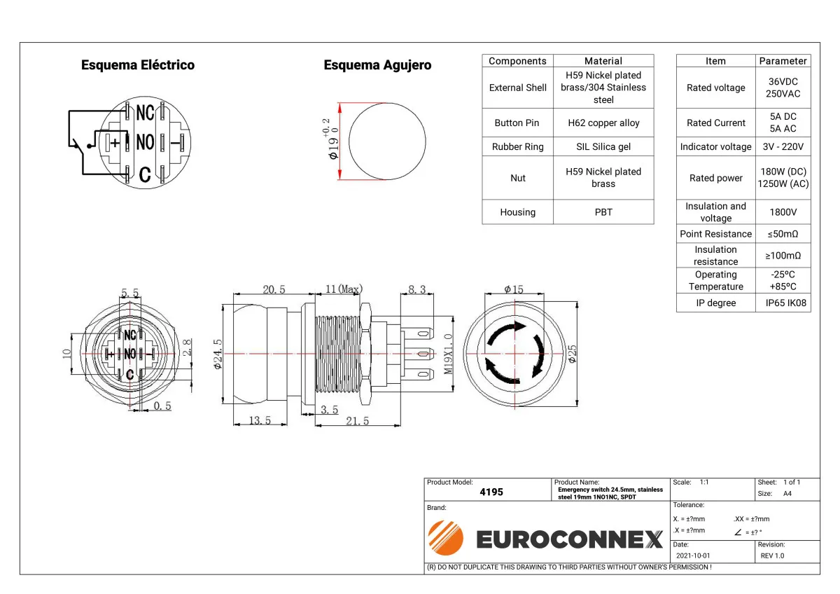 Seta de emergencia 24.5mm, acero inoxidable 19mm SPDT — imagen 2