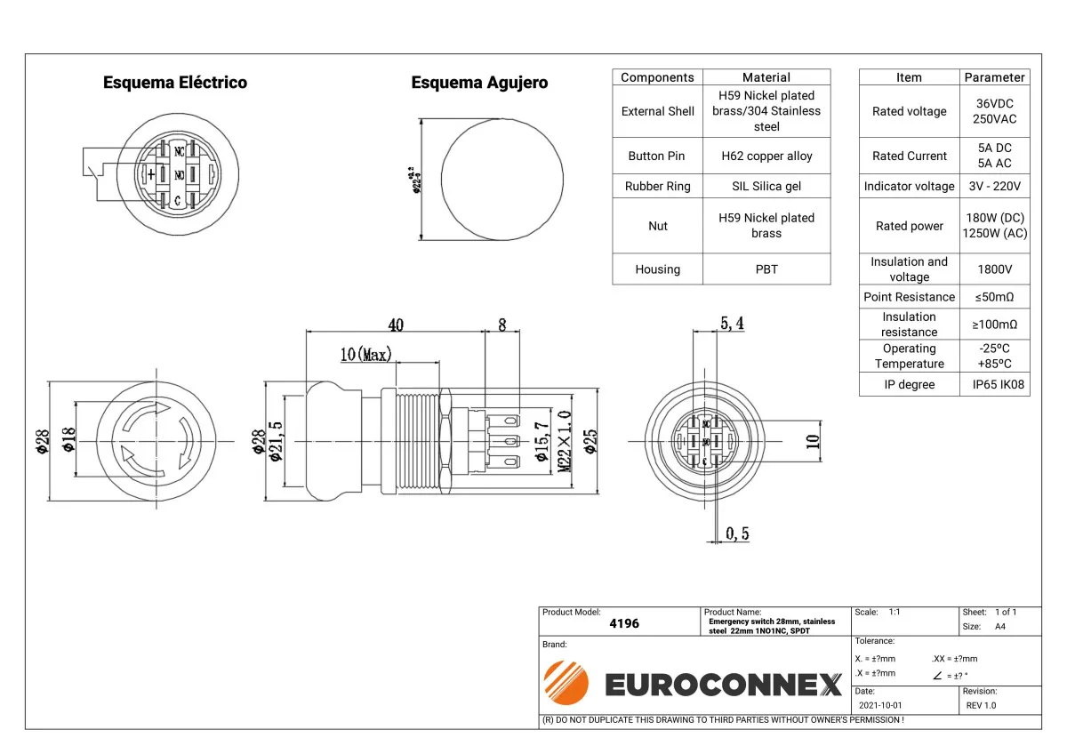Seta de emergencia 28mm, acero inoxidable 22mm SPDT — imagen 2
