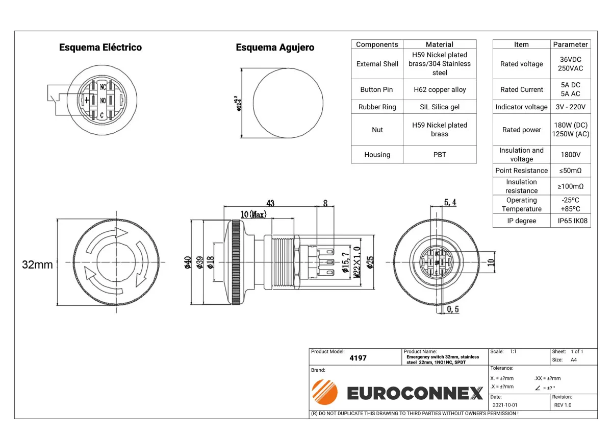 Seta emergencia 32mm, acero inoxidable SPDT — imagen 2