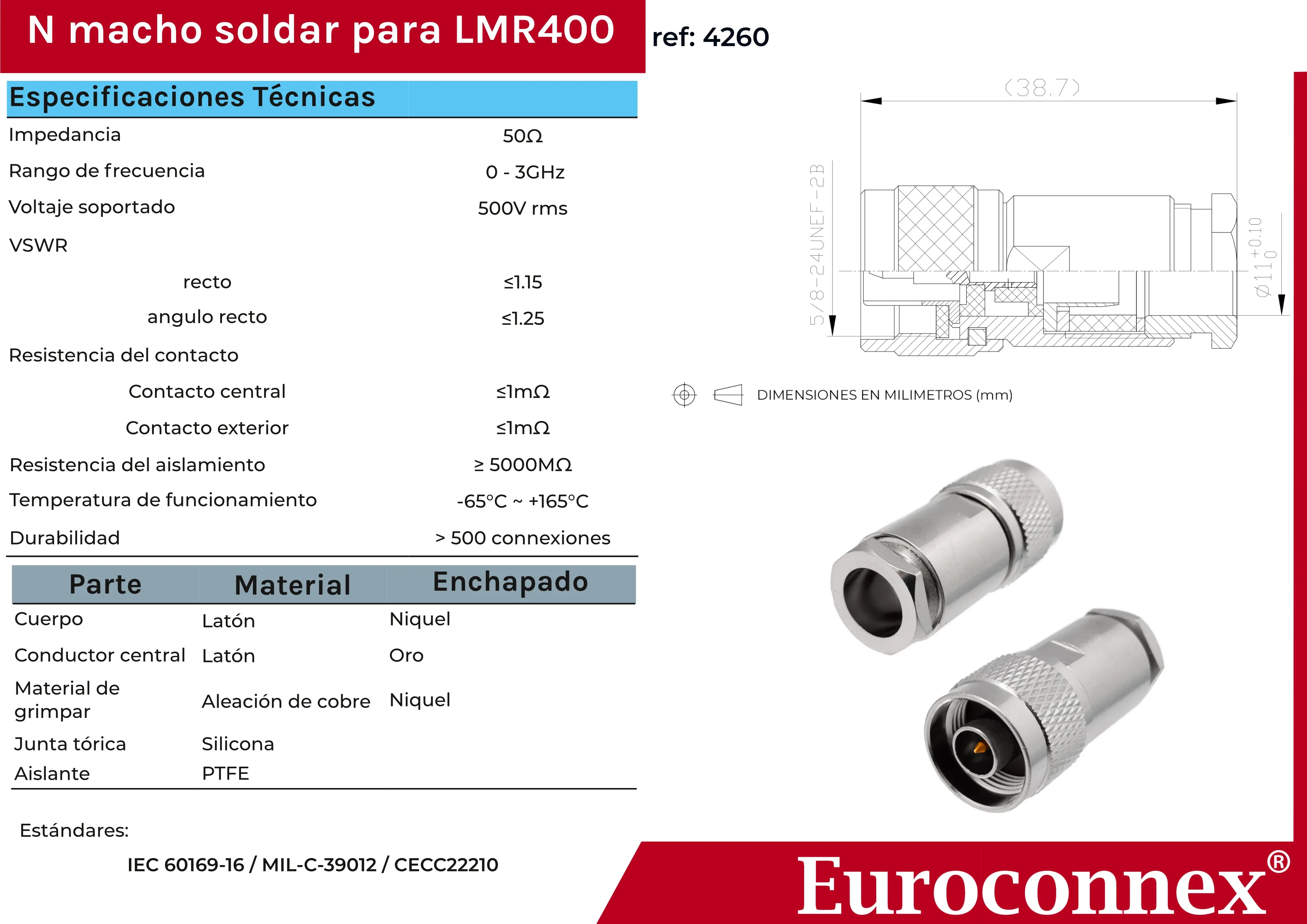 N Macho Soldar para LMR400, PTFE — imagen 2