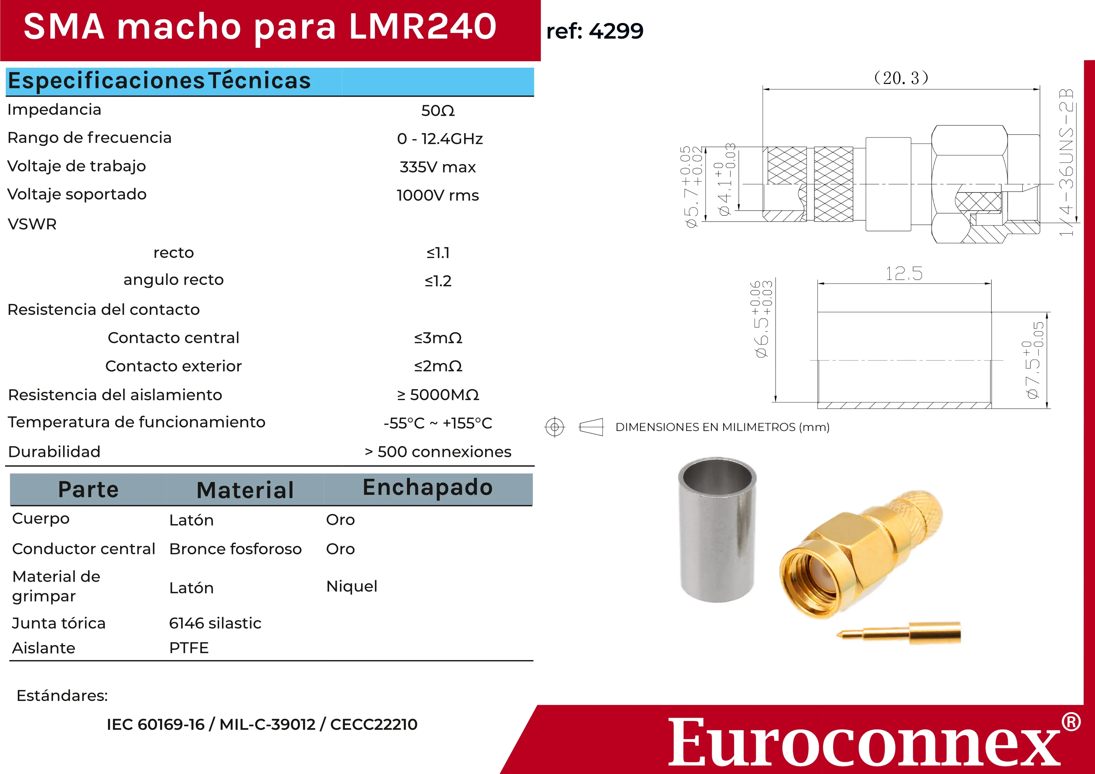 LMR240, SMA Macho Crimpar, Dorado — imagen 2