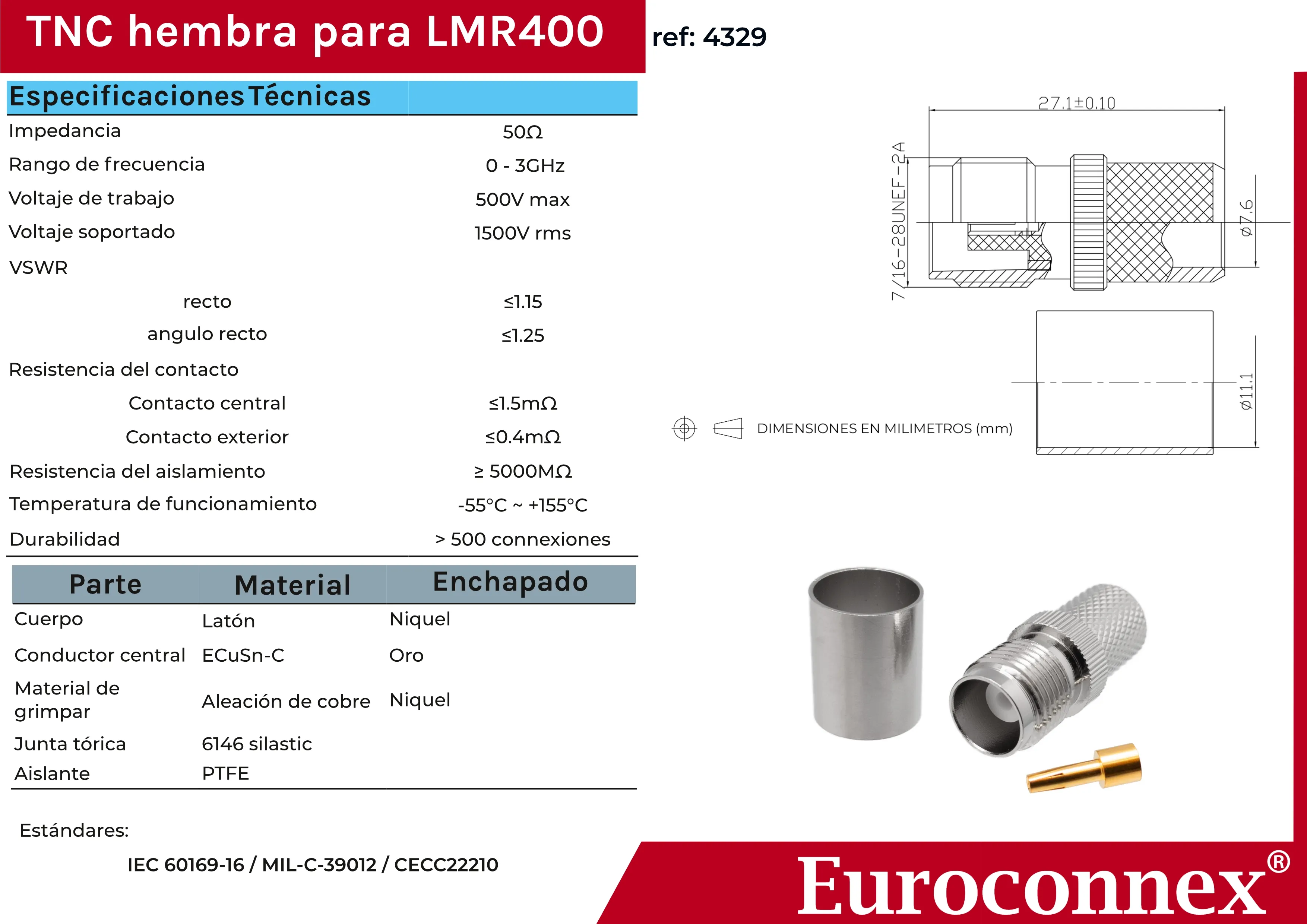 LMR400, TNC Hembra Crimpar, PTFE — imagen 2