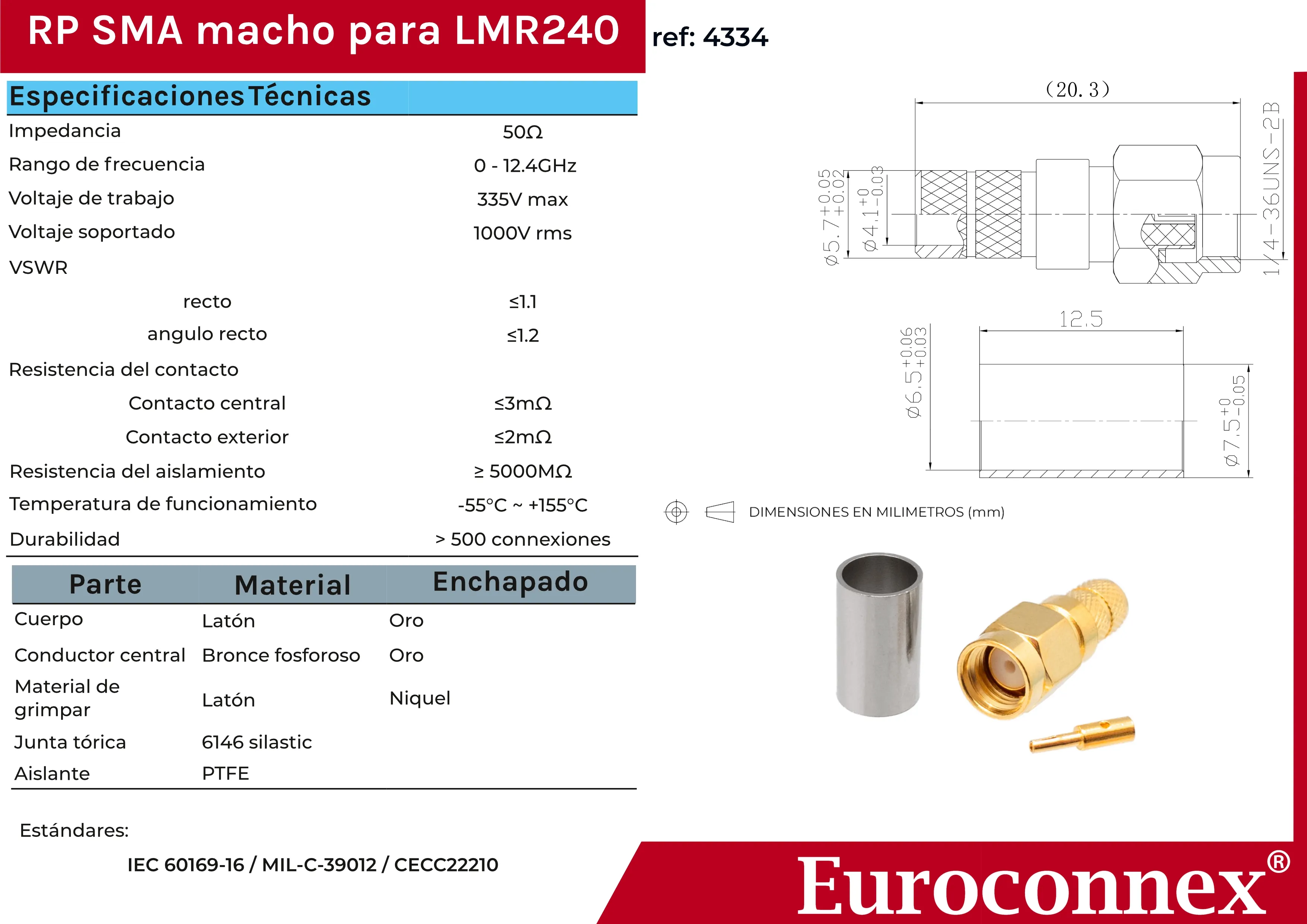 LMR240, R/P SMA Macho Crimpar, PTFE — imagen 2