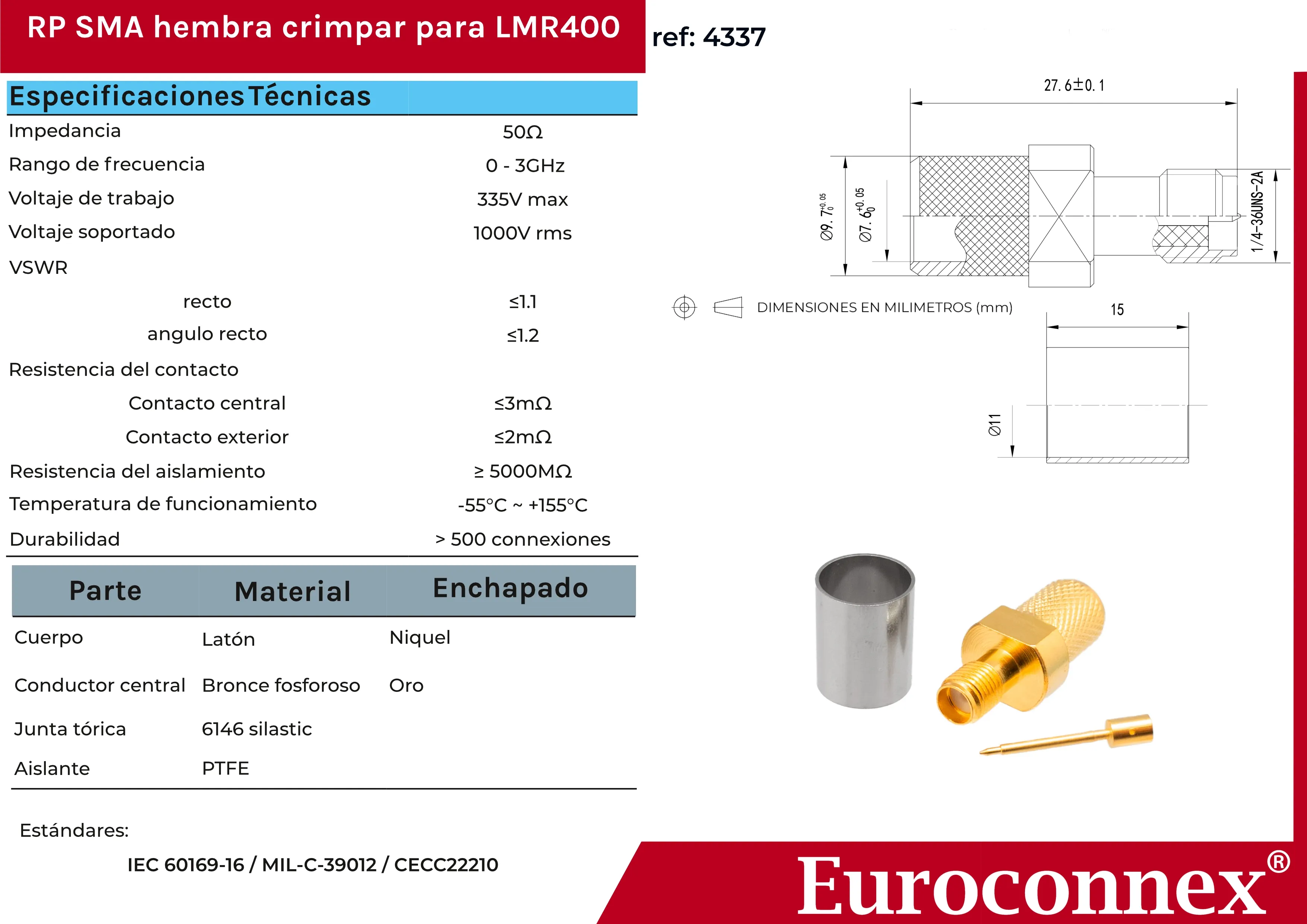 LMR400, R/P SMA Hembra Crimpar, PTFE — imagen 2