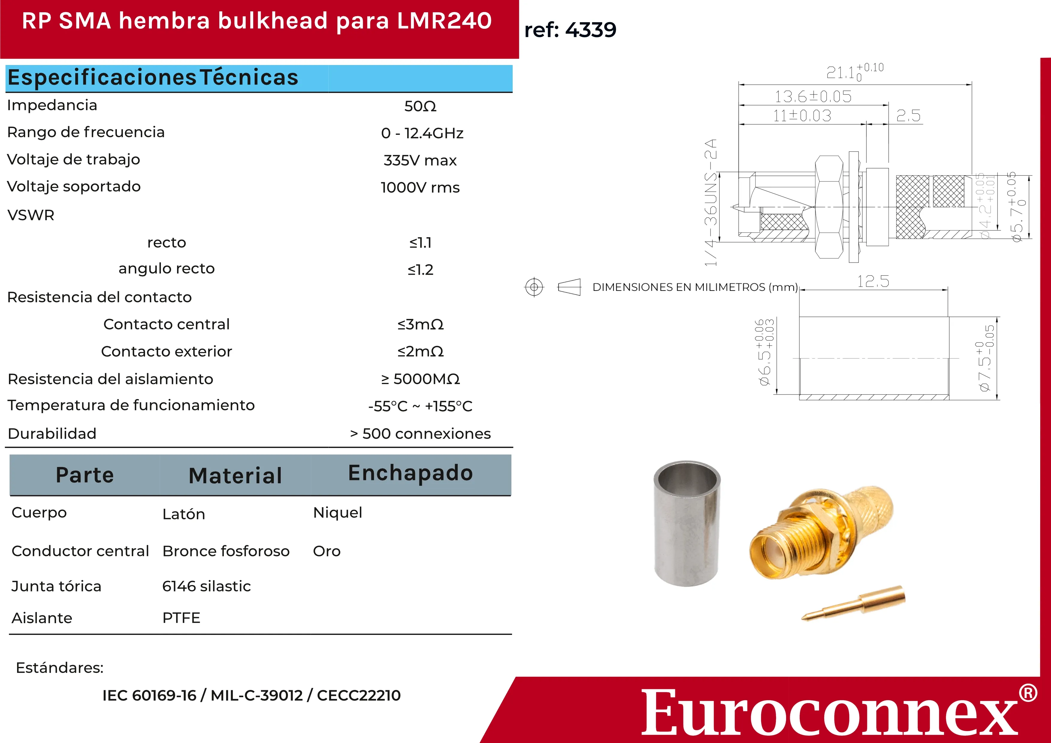 LMR240, R/P SMA Hembra, Chassis Crimpar, PTFE — imagen 2