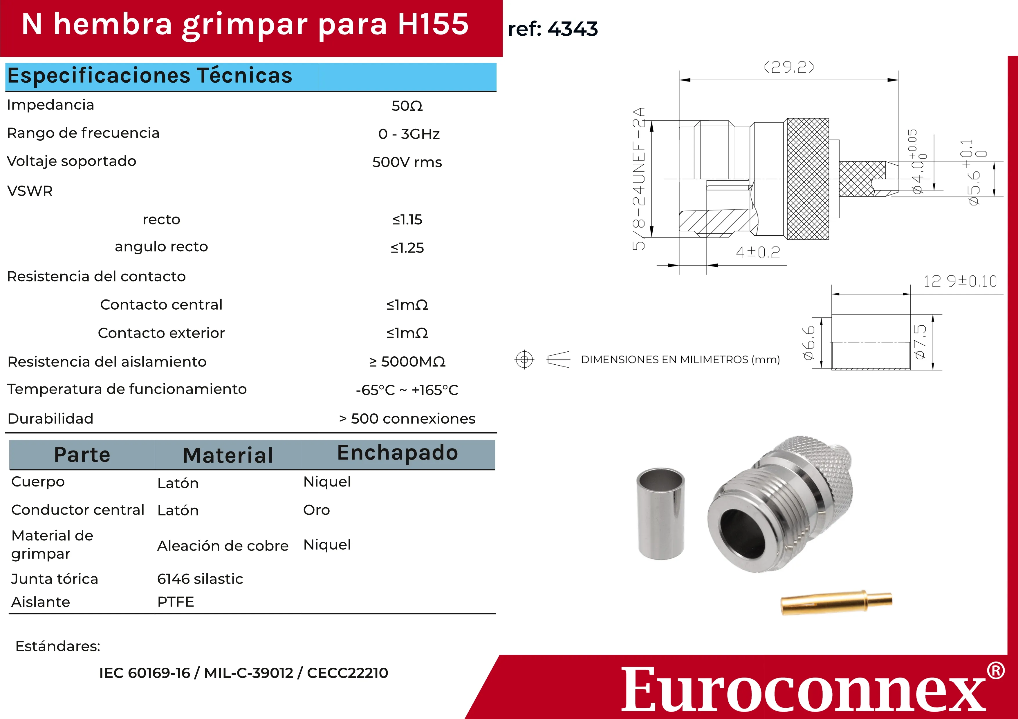 H155, N Hembra Crimpar, PTFE — imagen 2