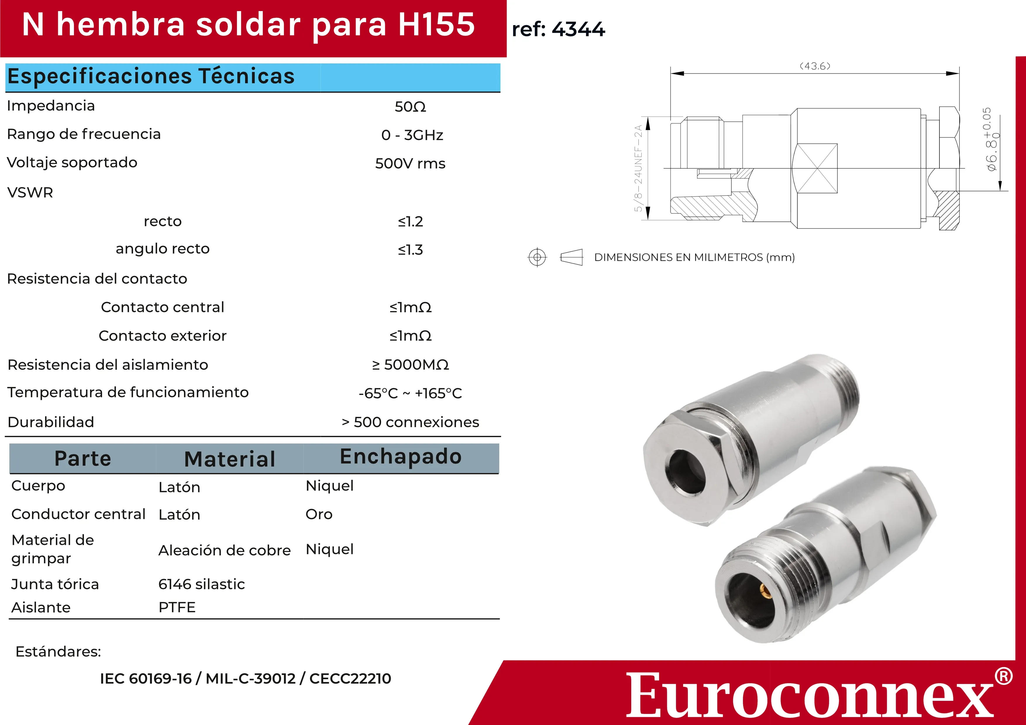 H155, N Hembra Soldar, PTFE — imagen 2