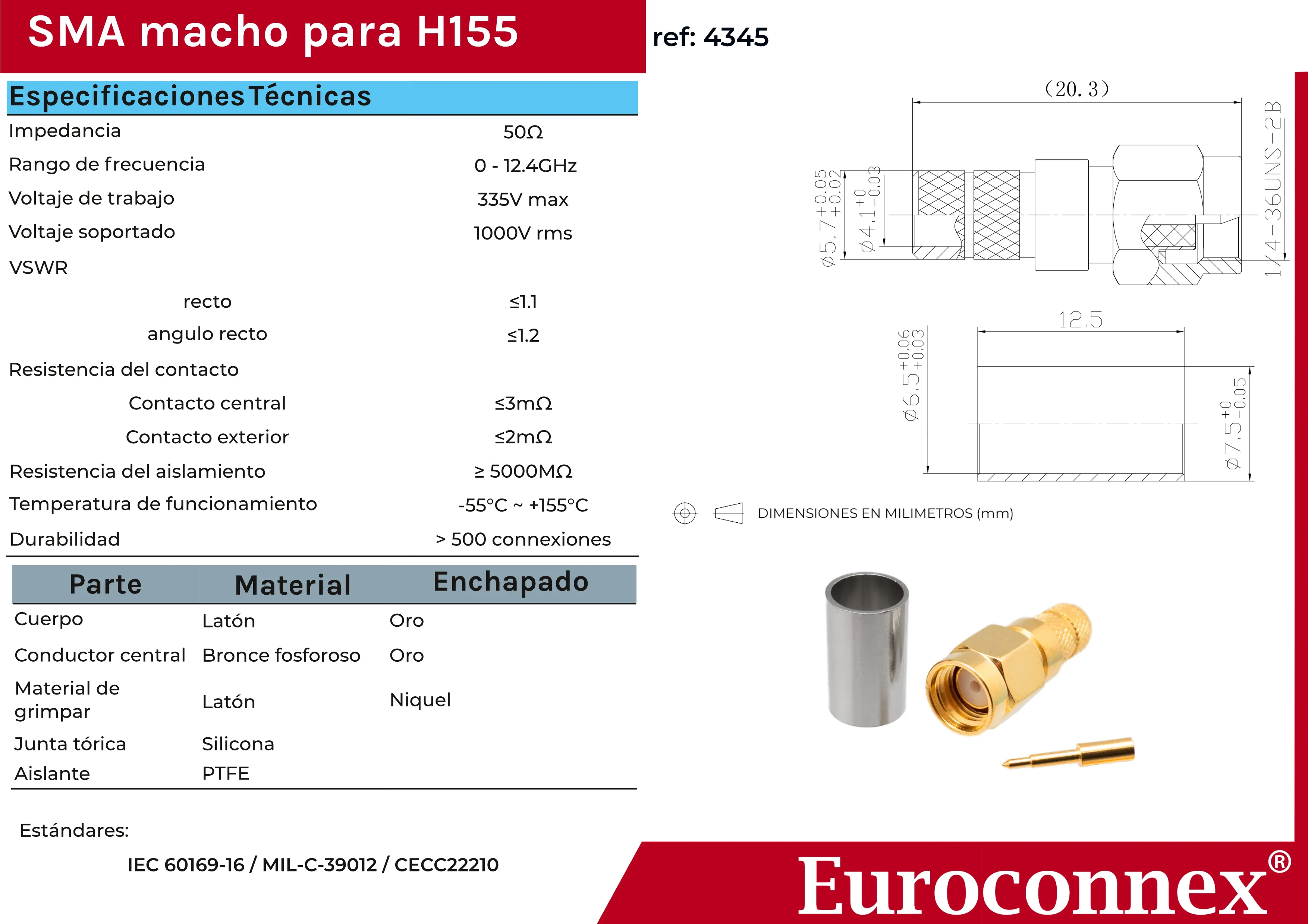 H155, SMA Macho Crimpar, PTFE — imagen 2