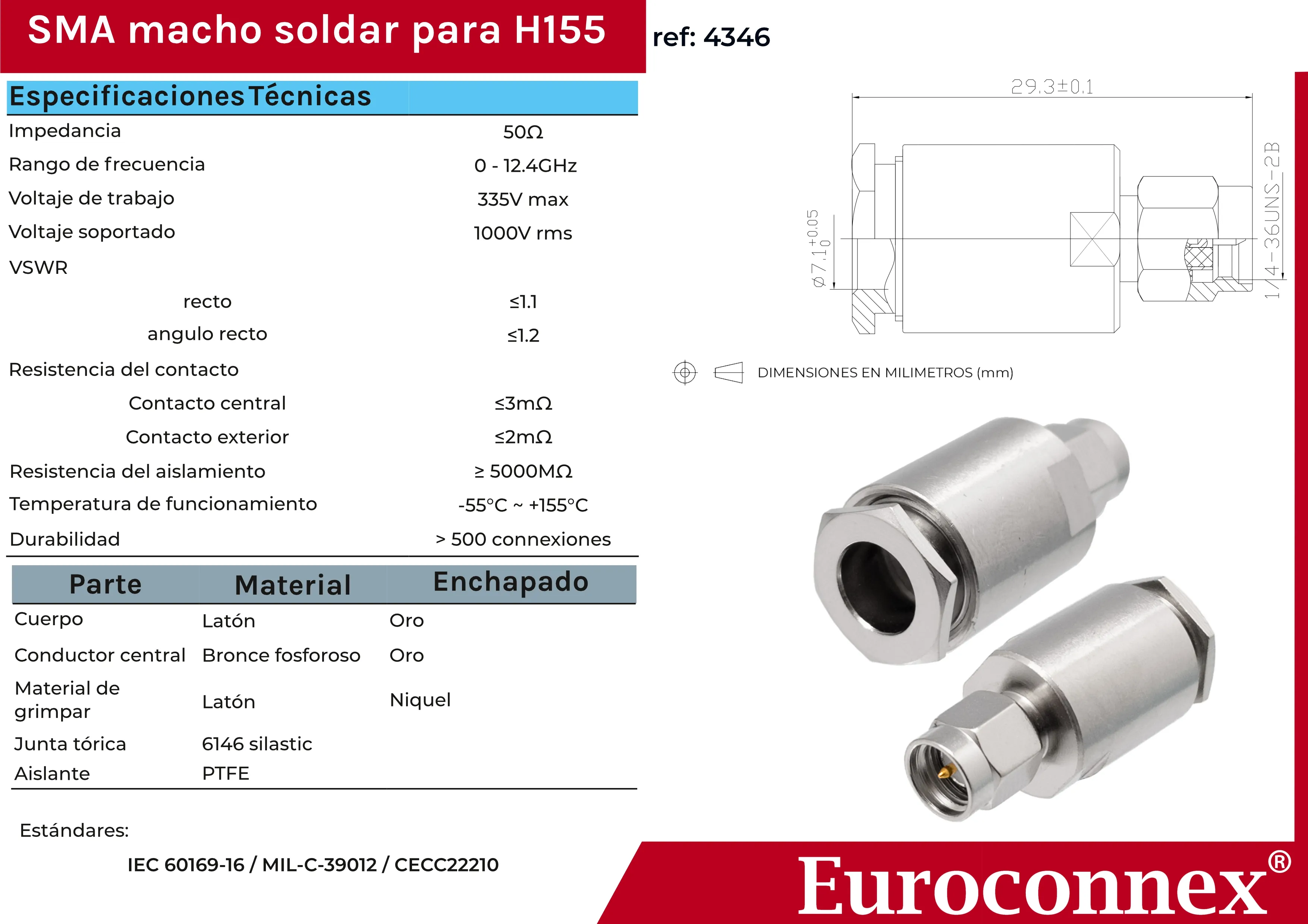 H155, SMA Macho Soldar, PTFE — imagen 2