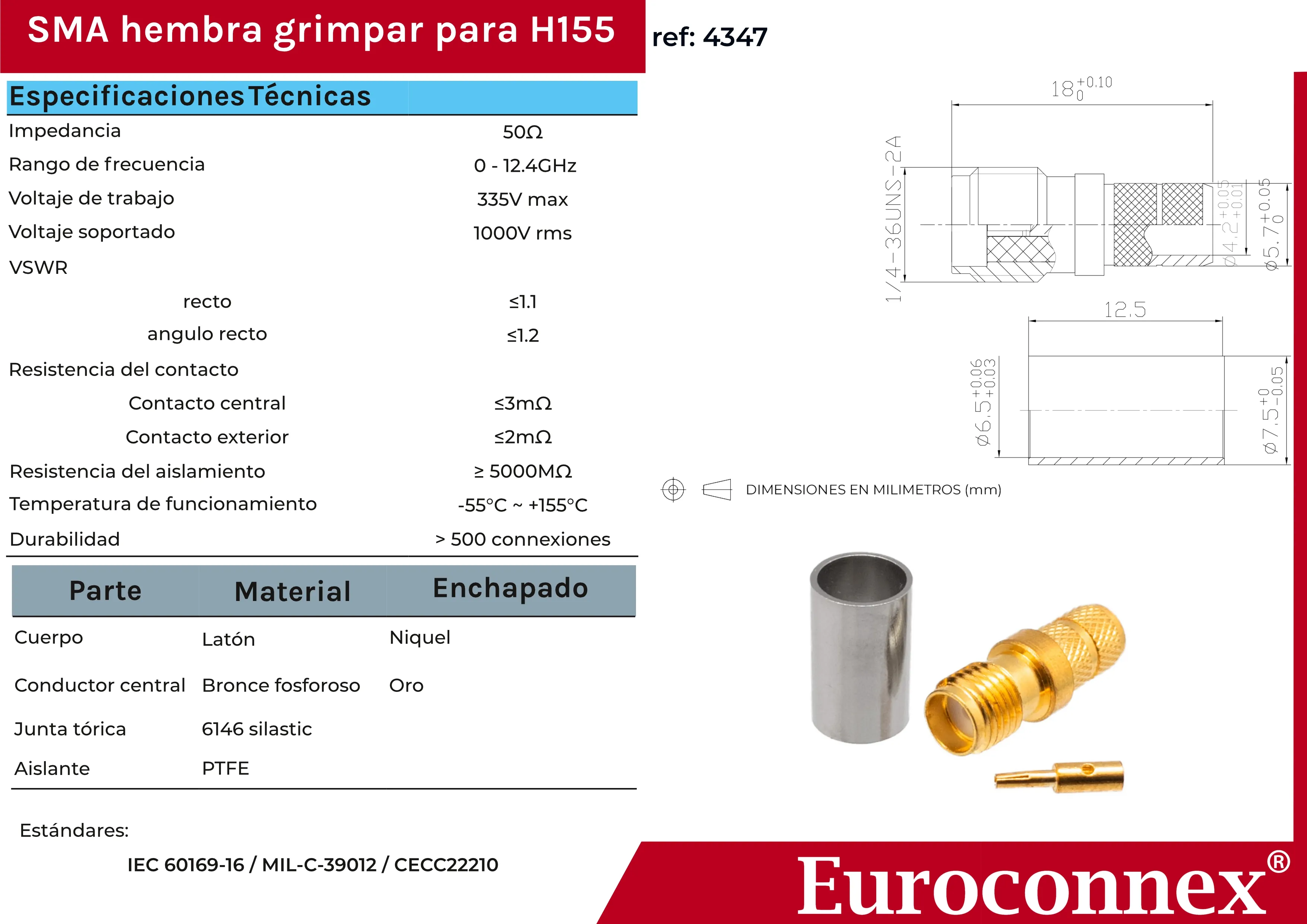 H155, SMA Hembra Crimpar, PTFE — imagen 2