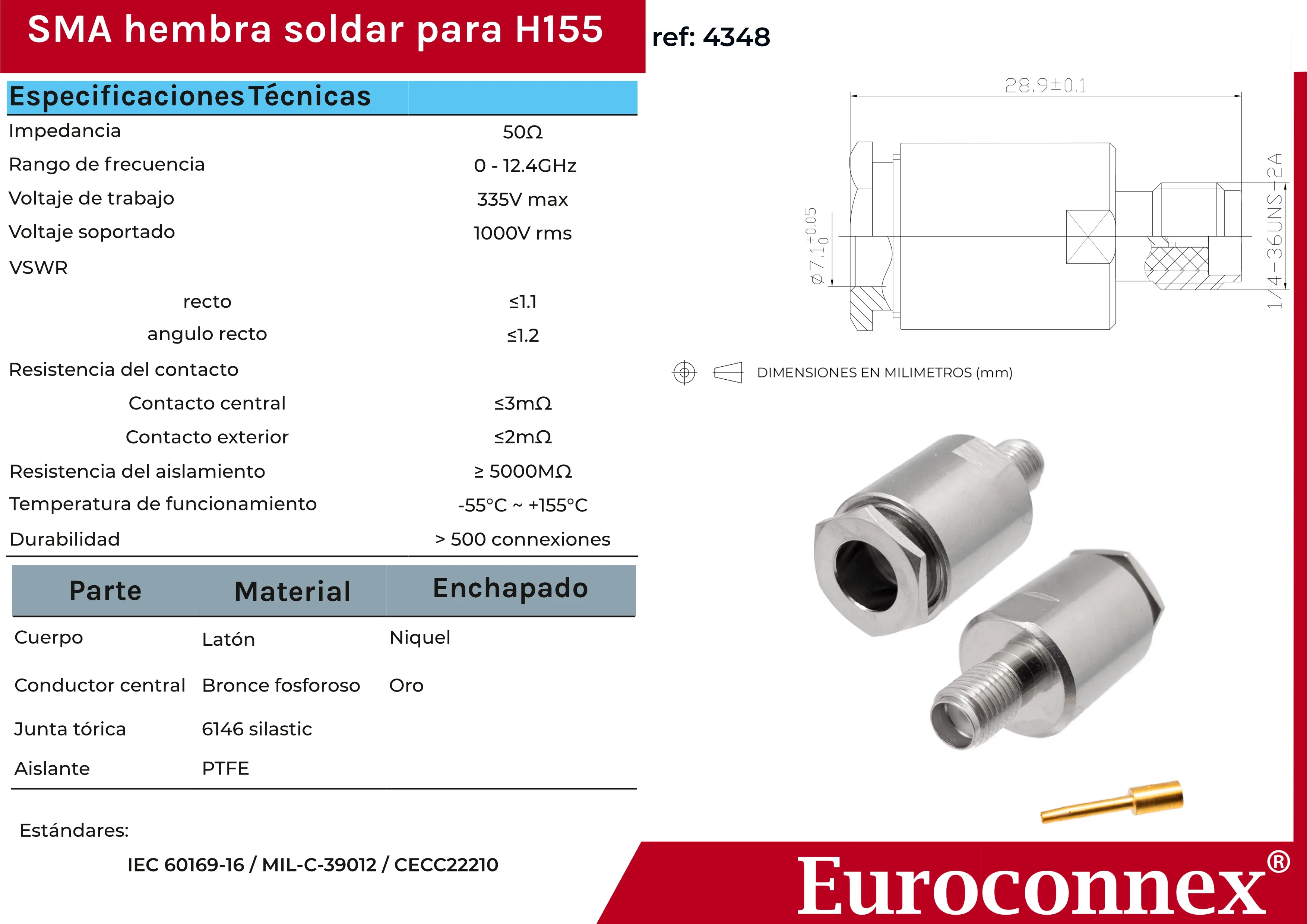 H155, SMA Hembra Soldar, PTFE — imagen 2