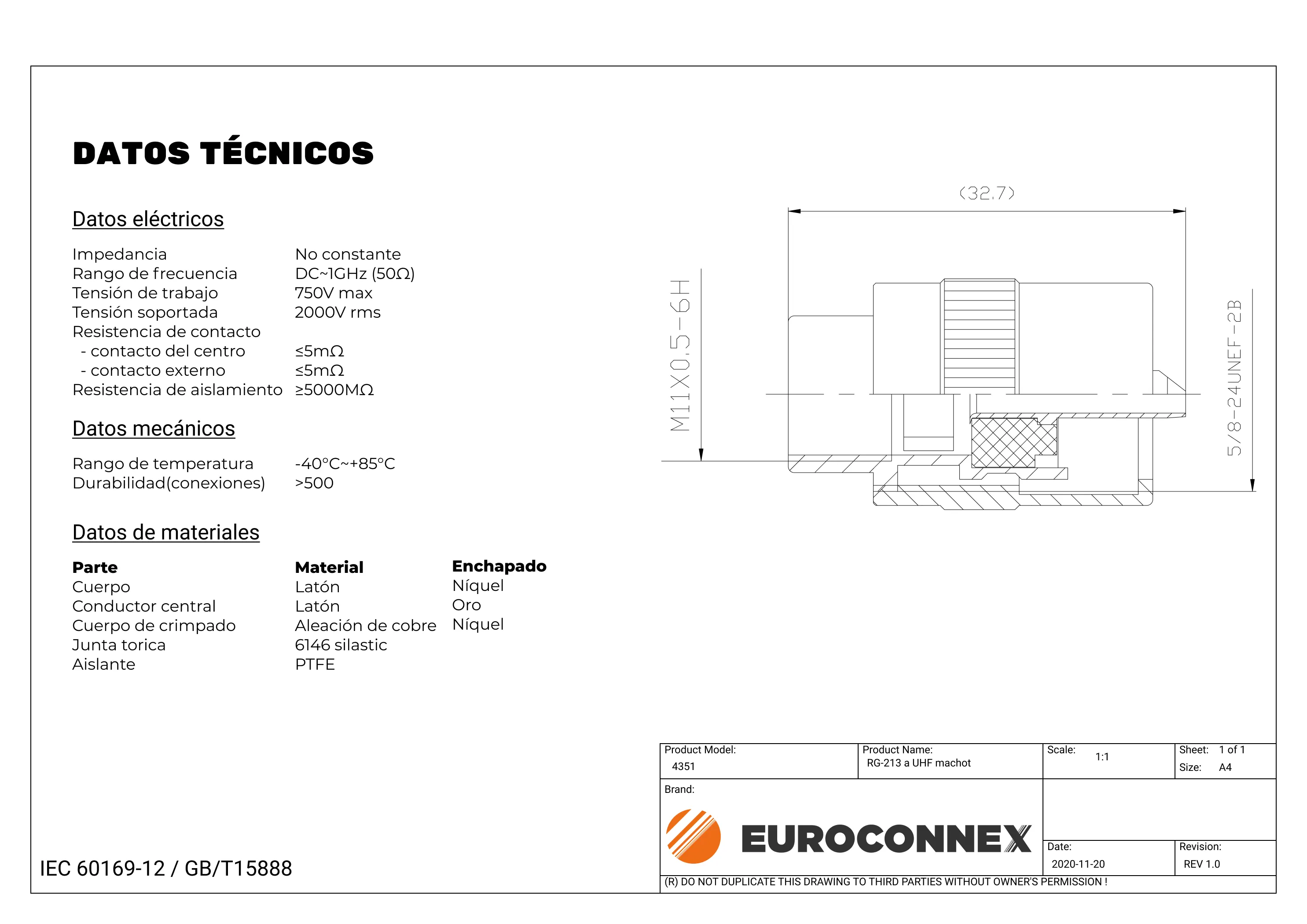 UHF Macho Roscar para LMR400, PTFE — imagen 2