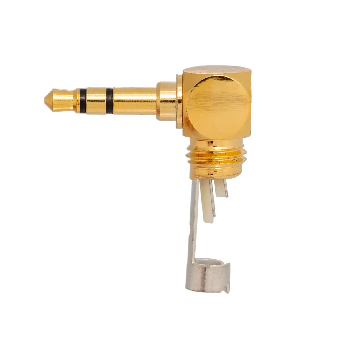 Conector Jack 3.5mm 3cont. dorado acodado  - manguito rojo — imagen 2