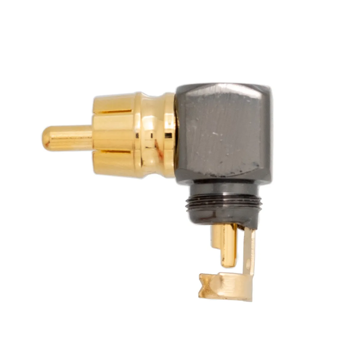 Conector RCA dorado con cuerpo metalico de alta calidad, acodado — imagen 2