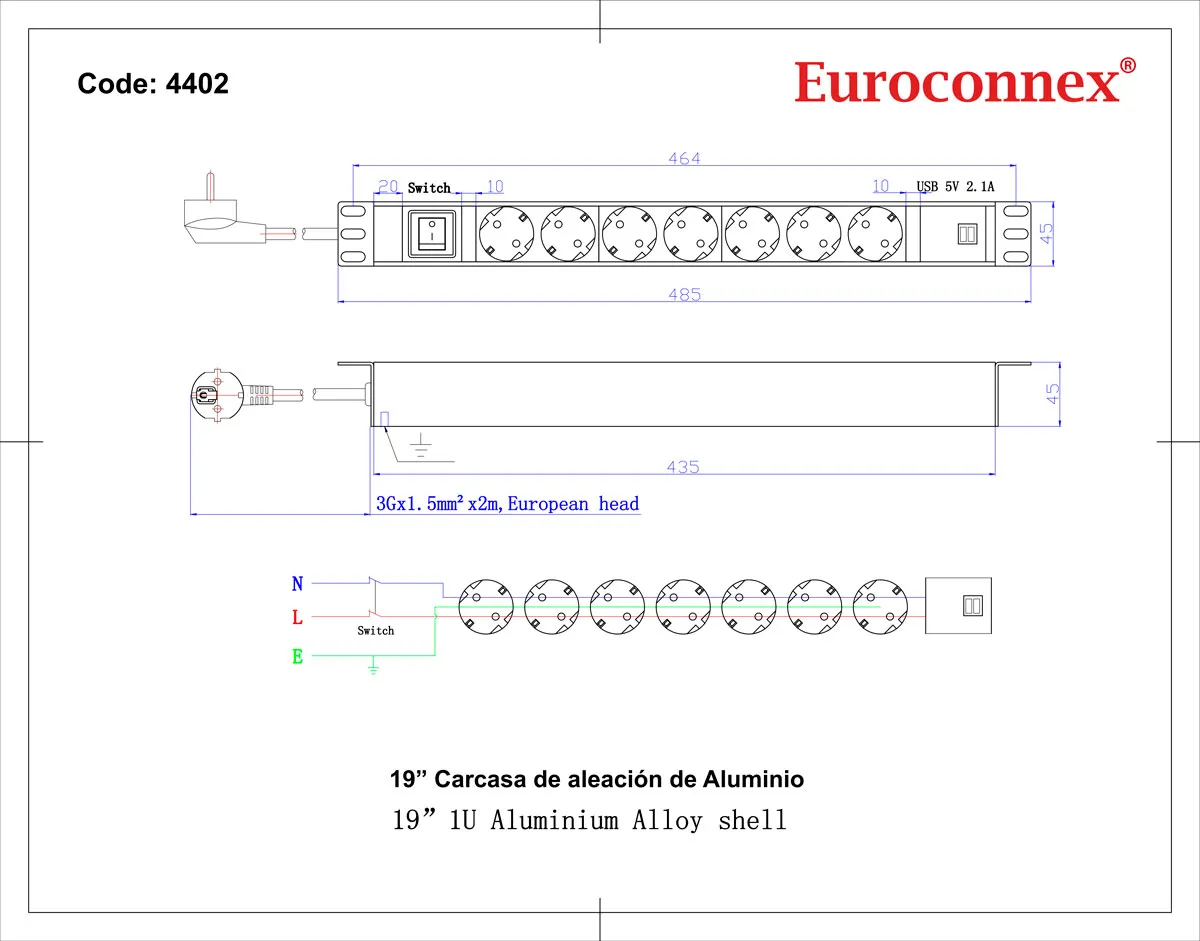 Regleta de 7 Schuko + 2 USB A 19",1.8m, interruptor — imagen 2