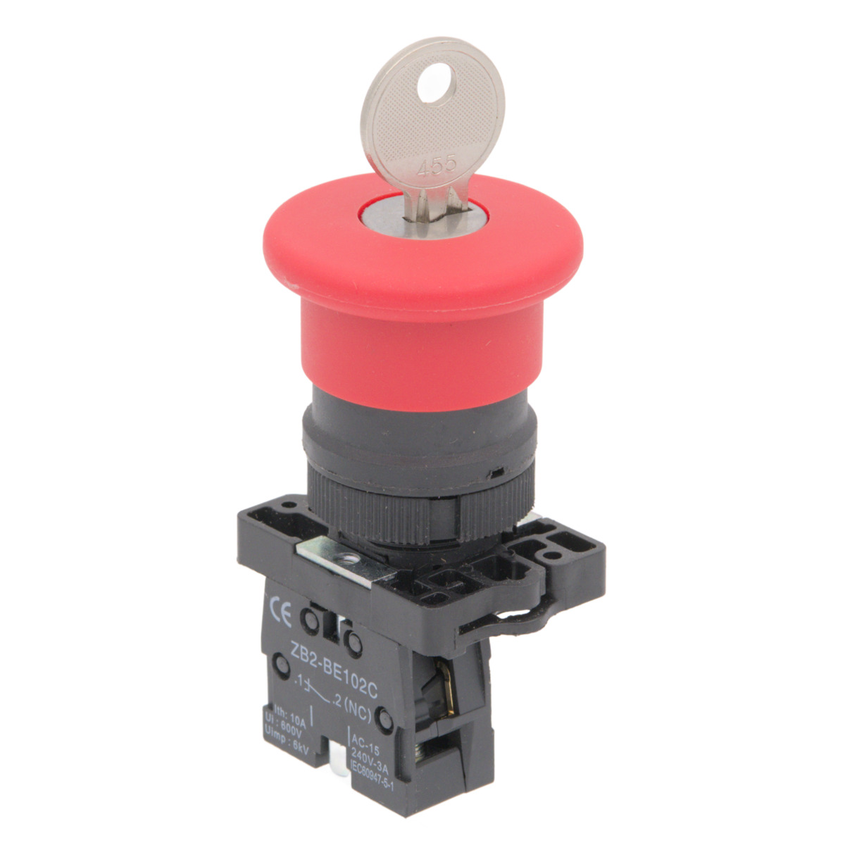 Interruptor parada de emergencia con llave [seta Ø40mm, rosca 22mm]; 1 x NO (Circuito Abierto)
