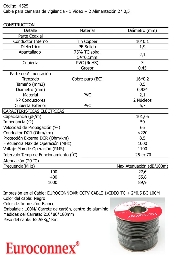 Bobina CCTV - 1 x Video + 2x0.50mm 100m - CU (BC) — imagen 2