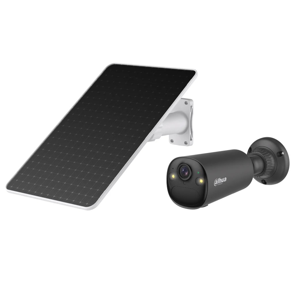 Tubular IP H265 4M Iluminación Dual LED20m/IR15m 2.1mm IP66 PIR MIC/Altavoz 4G AI color negro con batería + Panel Solar