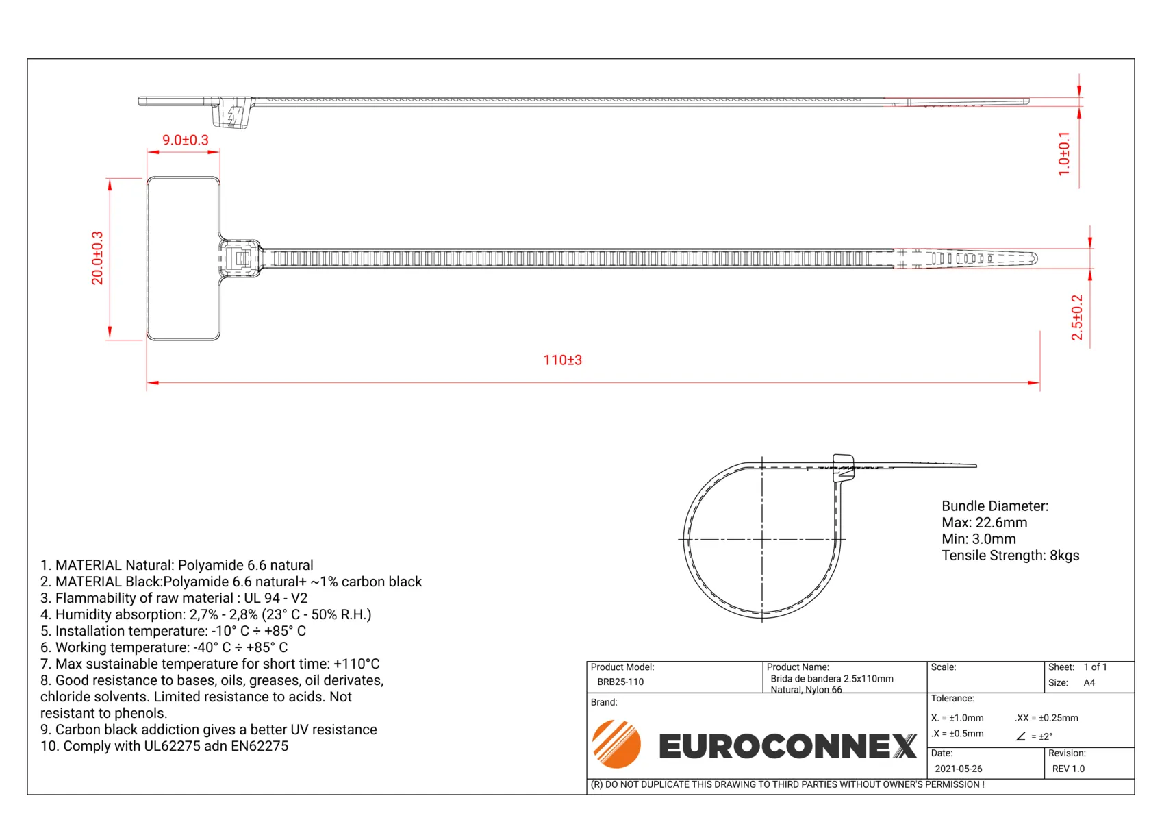 Brida de bandera 2.5x100mm Natural, Nylon 66 — imagen 2